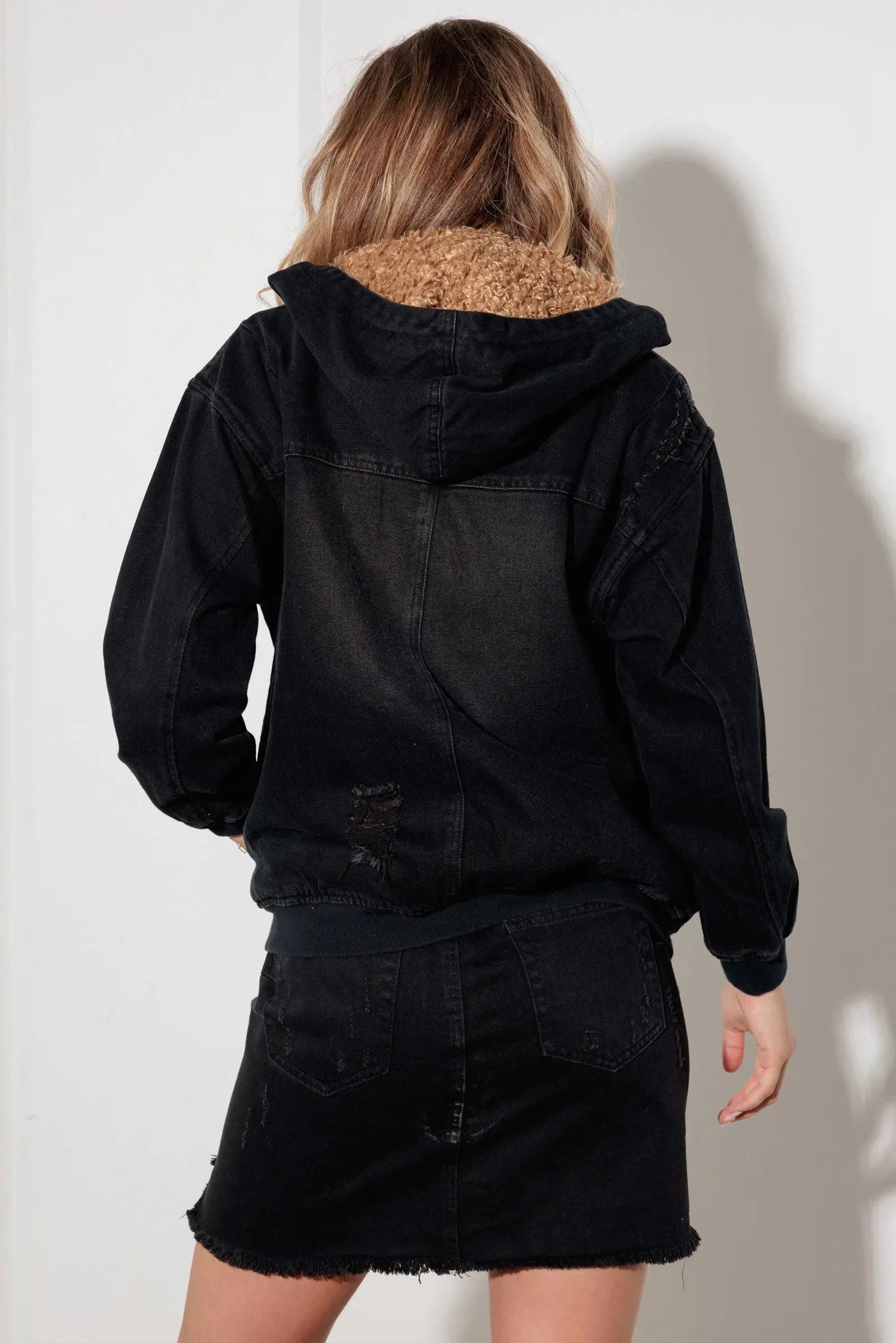 Black Denim Sherpa-Lined Hoodie Jacket