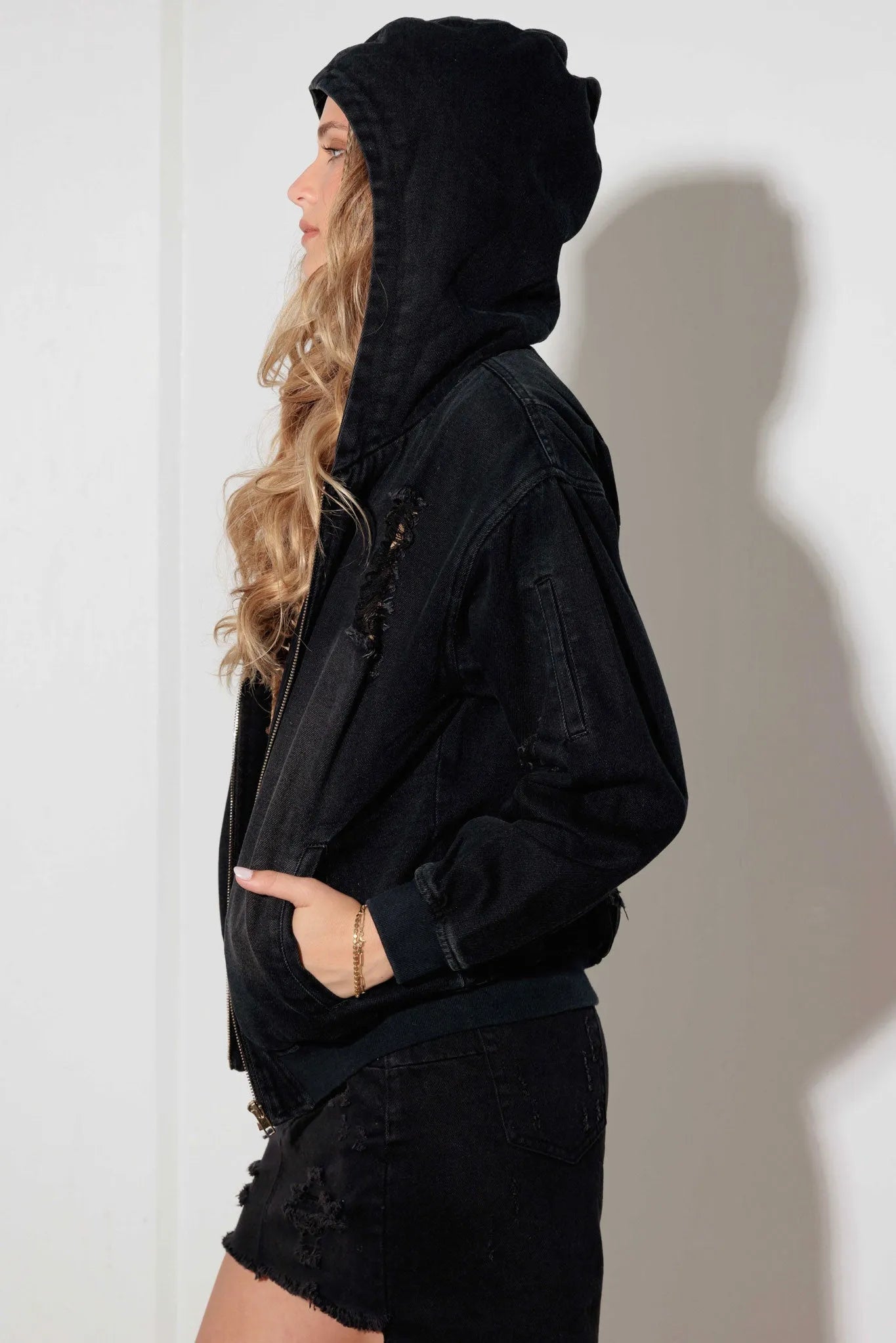 Black Denim Sherpa-Lined Hoodie Jacket