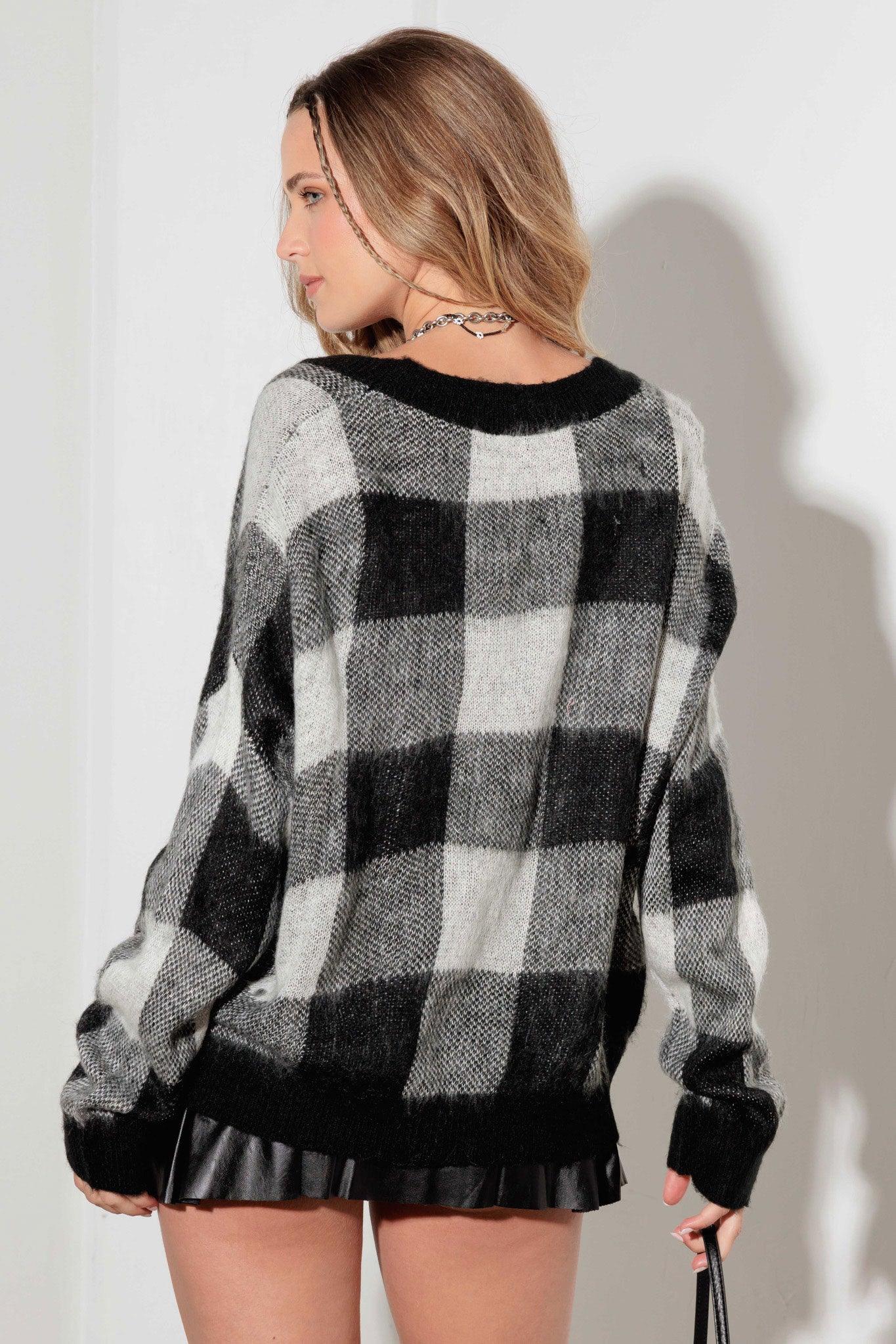 Monochrome Mood Plaid Knit Cardigan