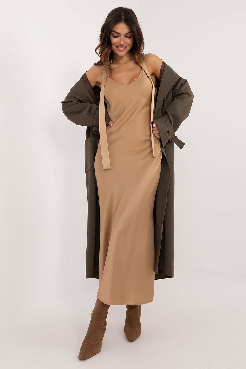 Brown Satin Strut Midi Dress