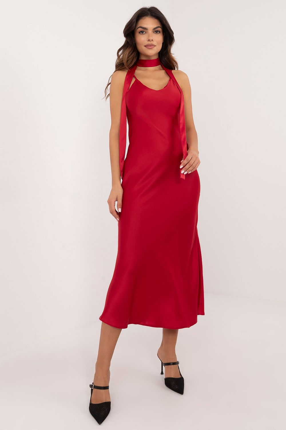 Red Satin Strut Midi Dress