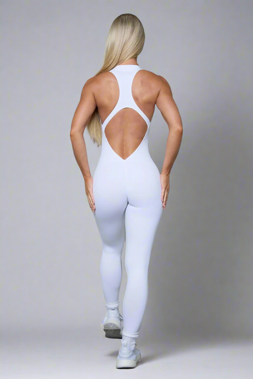 Mila Plunge-Zip Active Jumpsuit-White