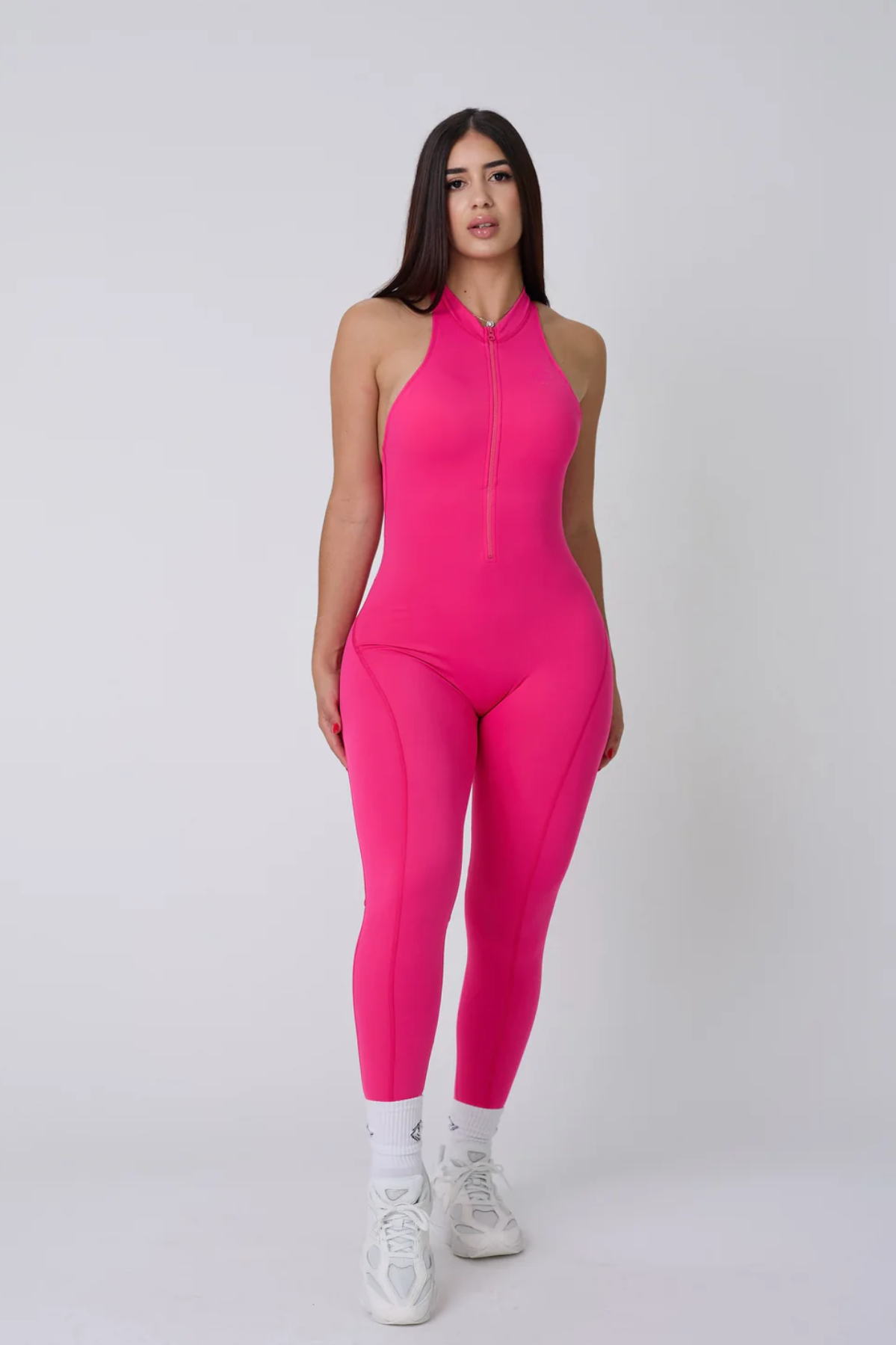 Mila Plunge-Zip Active Jumpsuit-Fuschia