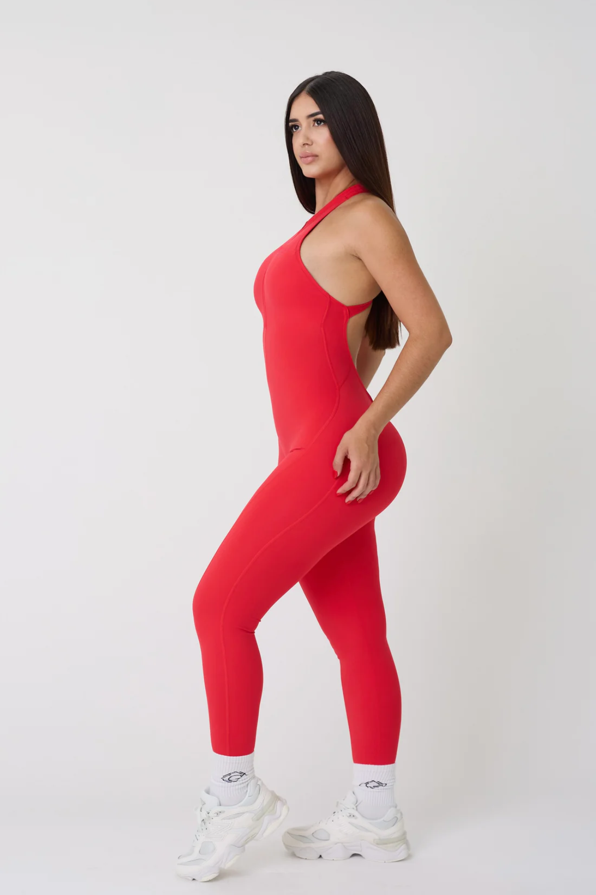 Mila Plunge-Zip Active Jumpsuit-Red