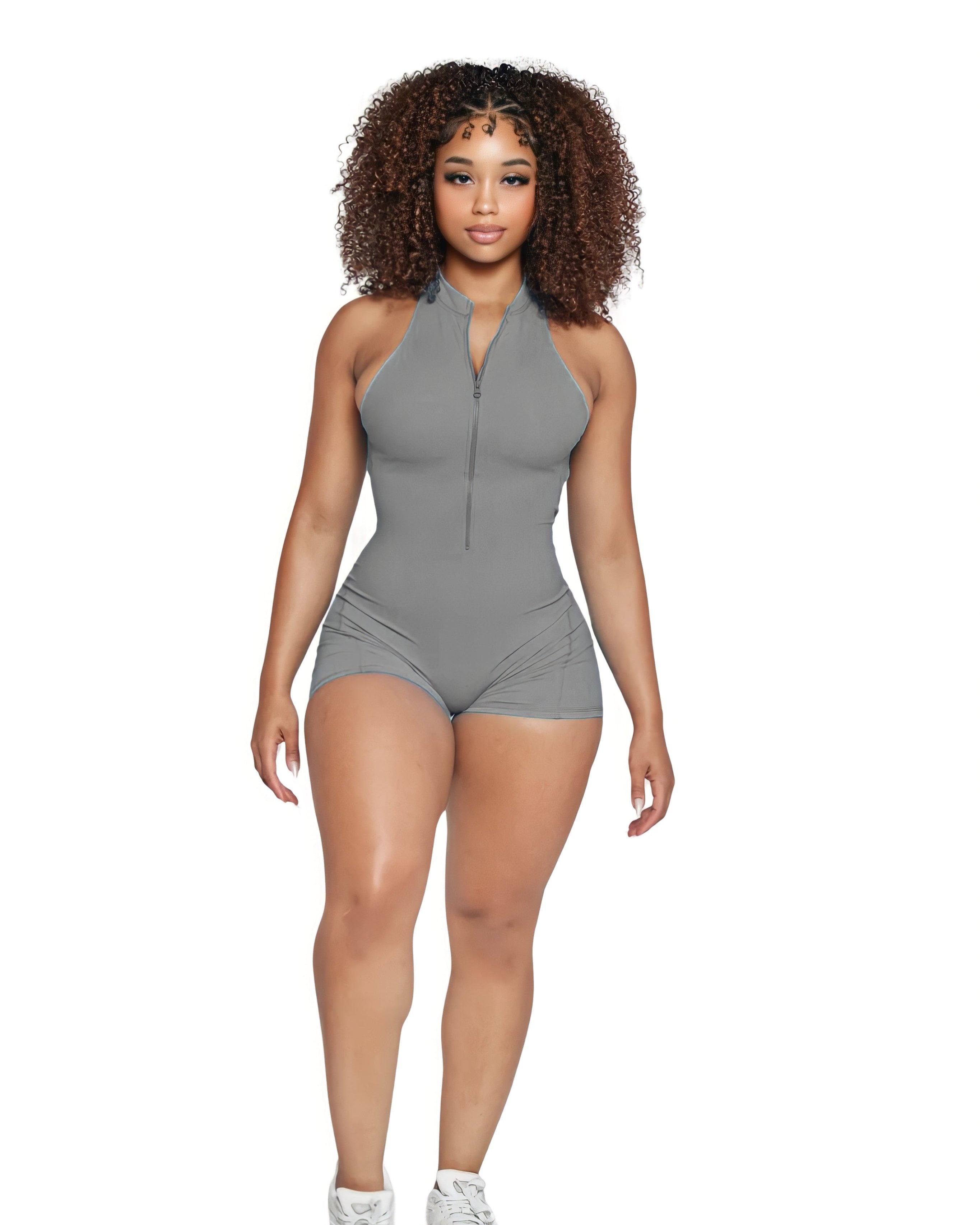 Mila Plunge-Zip Active Romper-Gray