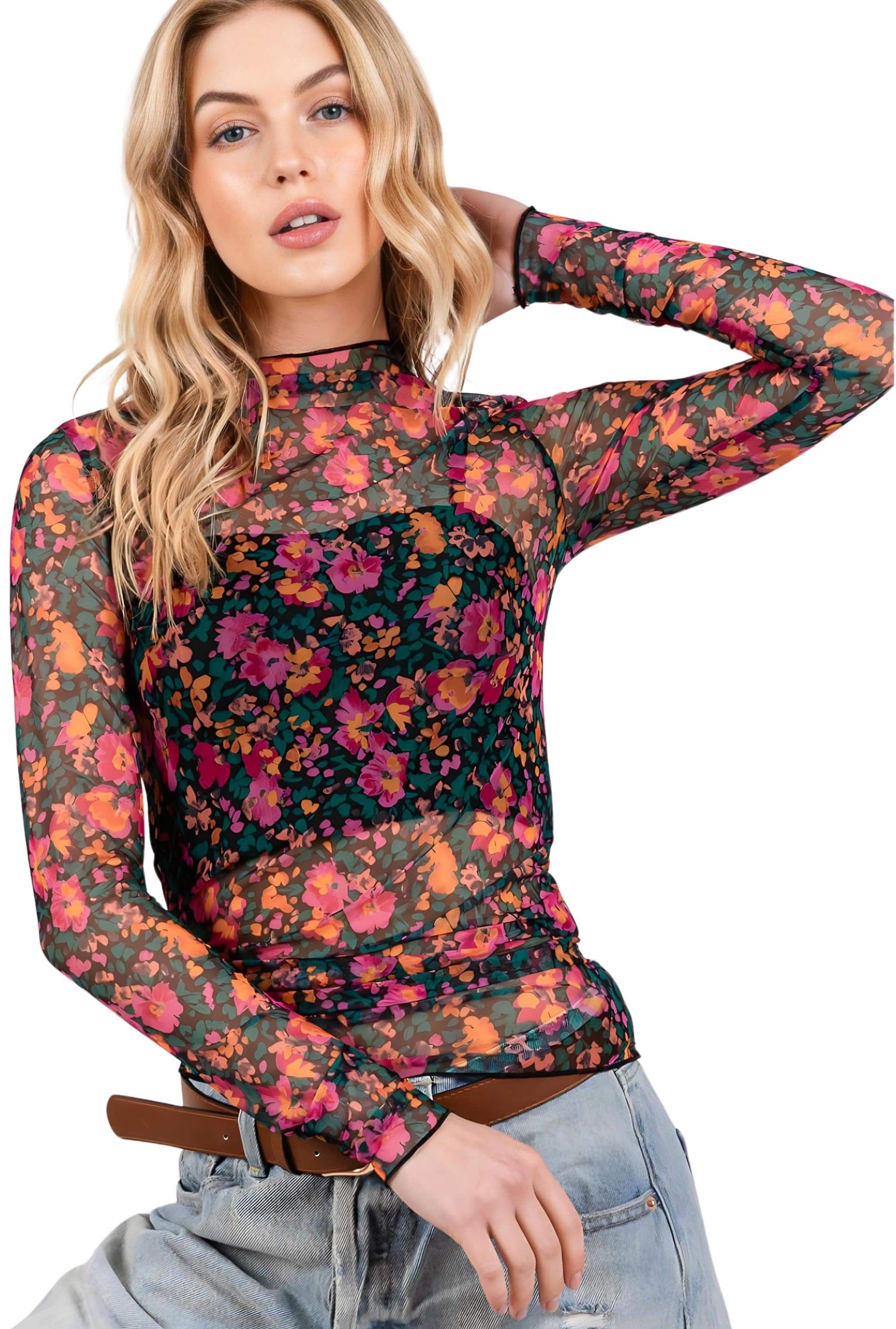 Fleur Exotique Mesh Long Sleeve Top - Dapper Deluxe Fashion