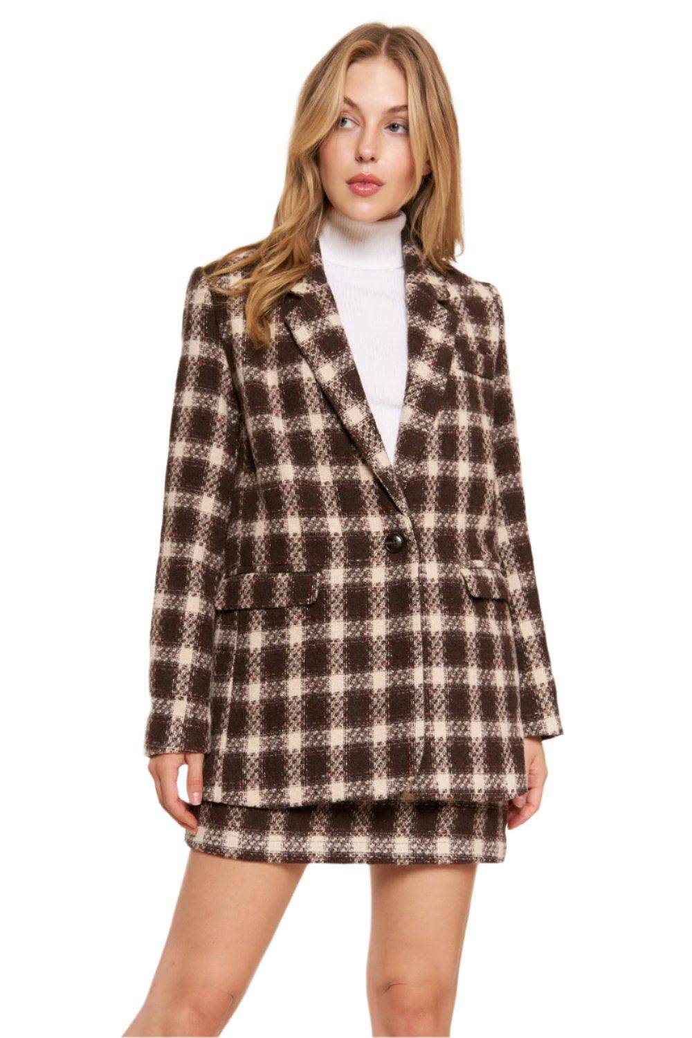 As If! Brushed One Button Plaid Blazer - Dapper Deluxe Fashion