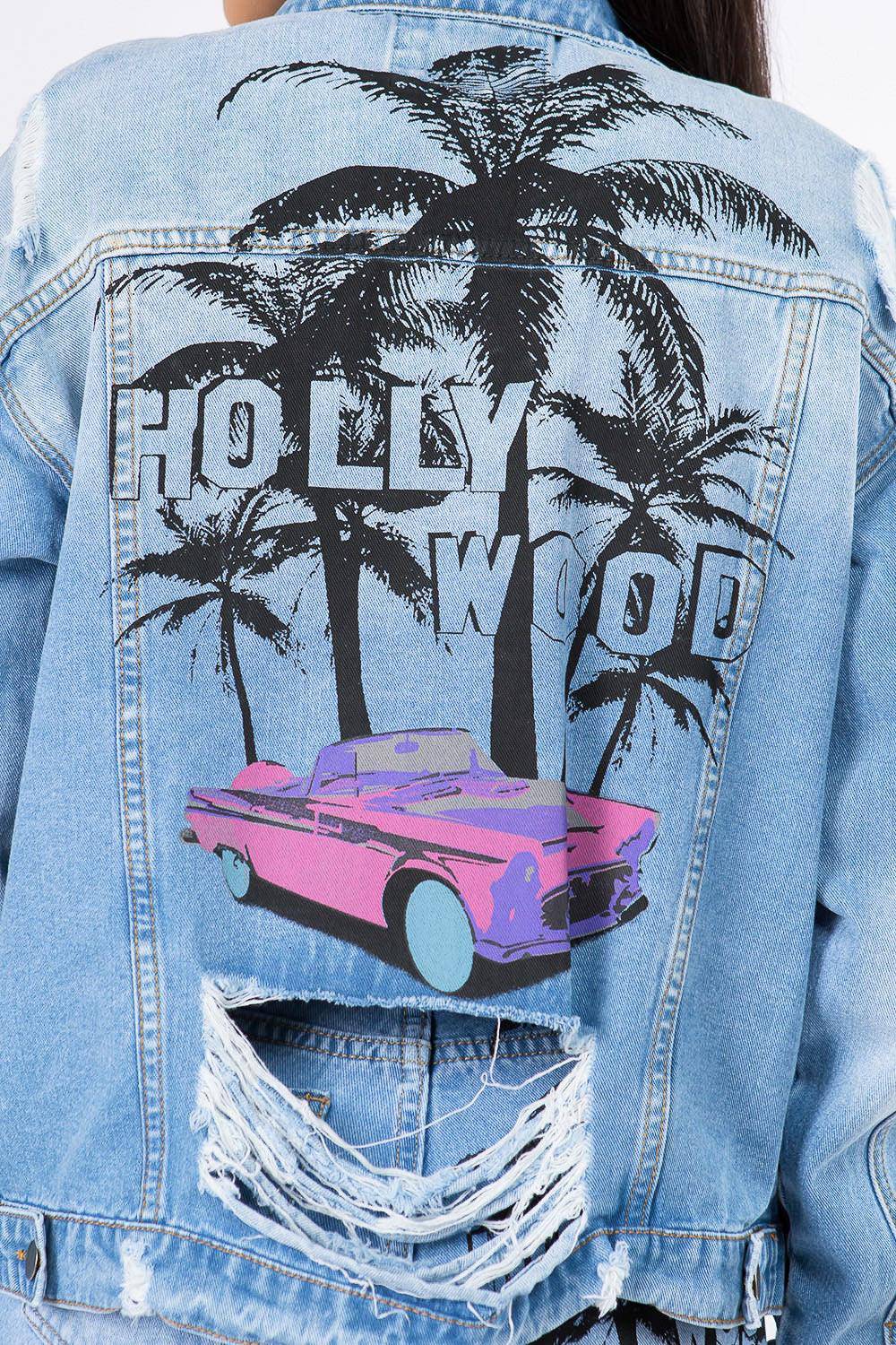 Hollywood Distressed Long Sleeve Denim Jacket - Dapper Deluxe Fashion