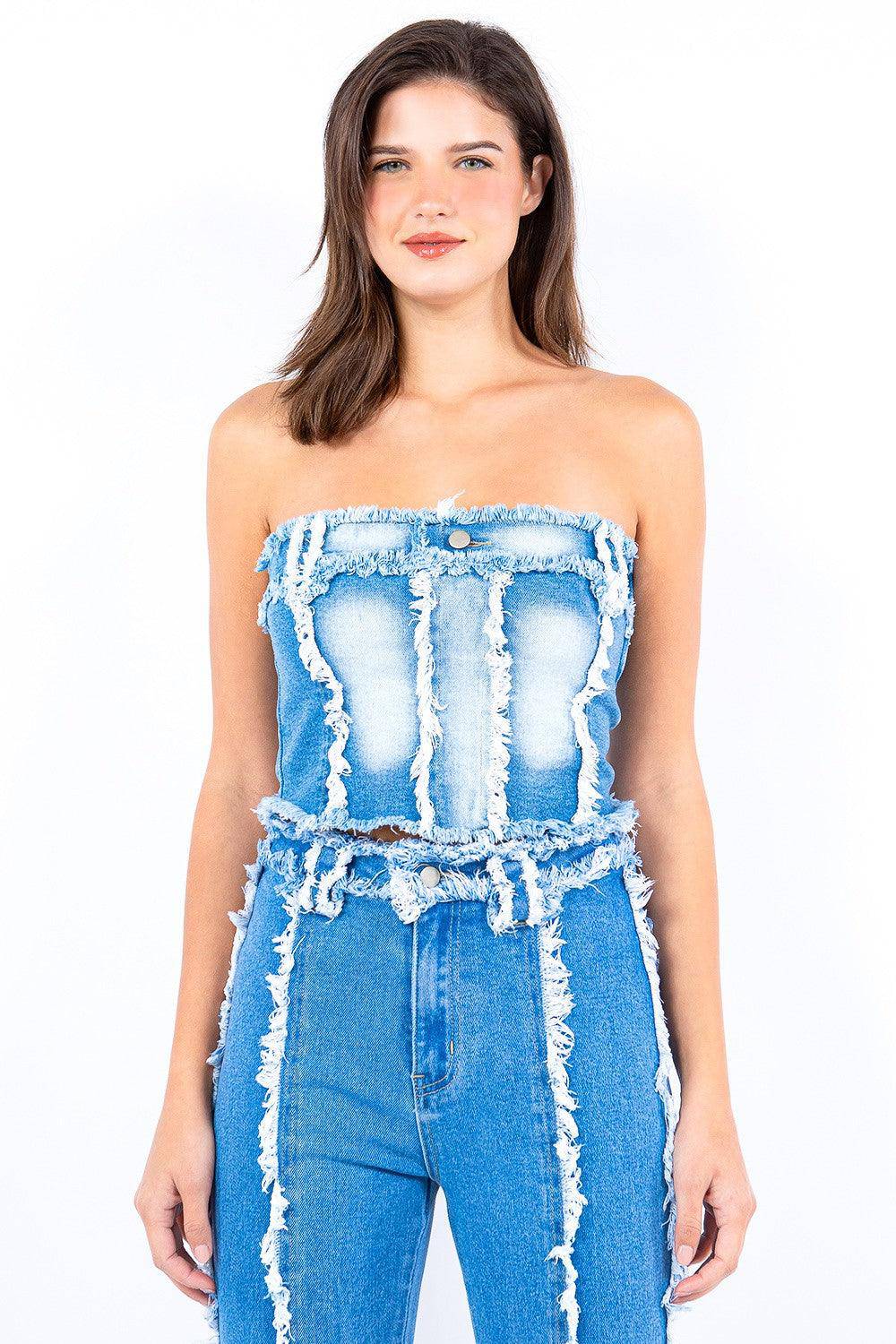 Frayed Edge Denim Crop Top - Dapper Deluxe Fashion