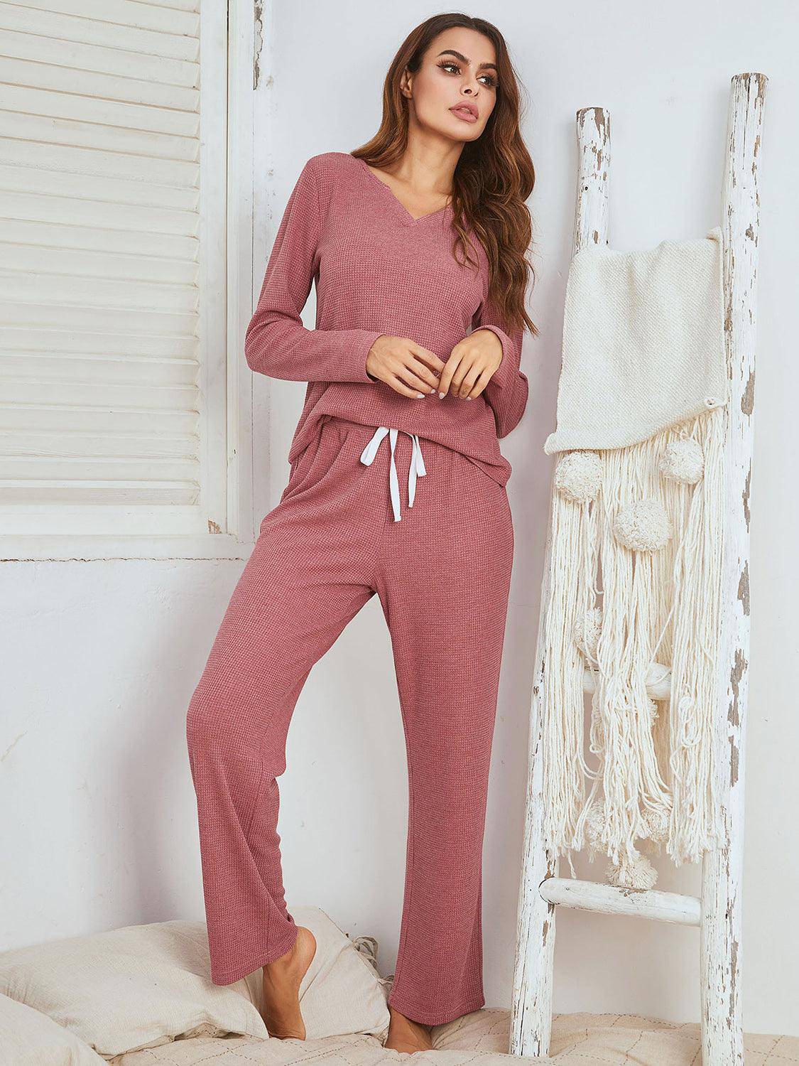 Notched Long Sleeve Top and Pants Set - Dapper Deluxe Fashion