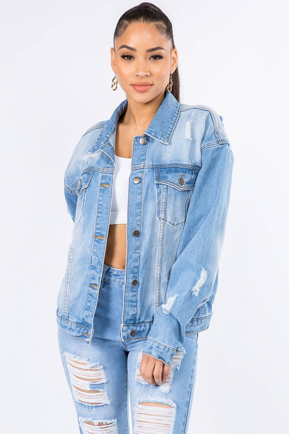 Hollywood Distressed Long Sleeve Denim Jacket - Dapper Deluxe Fashion