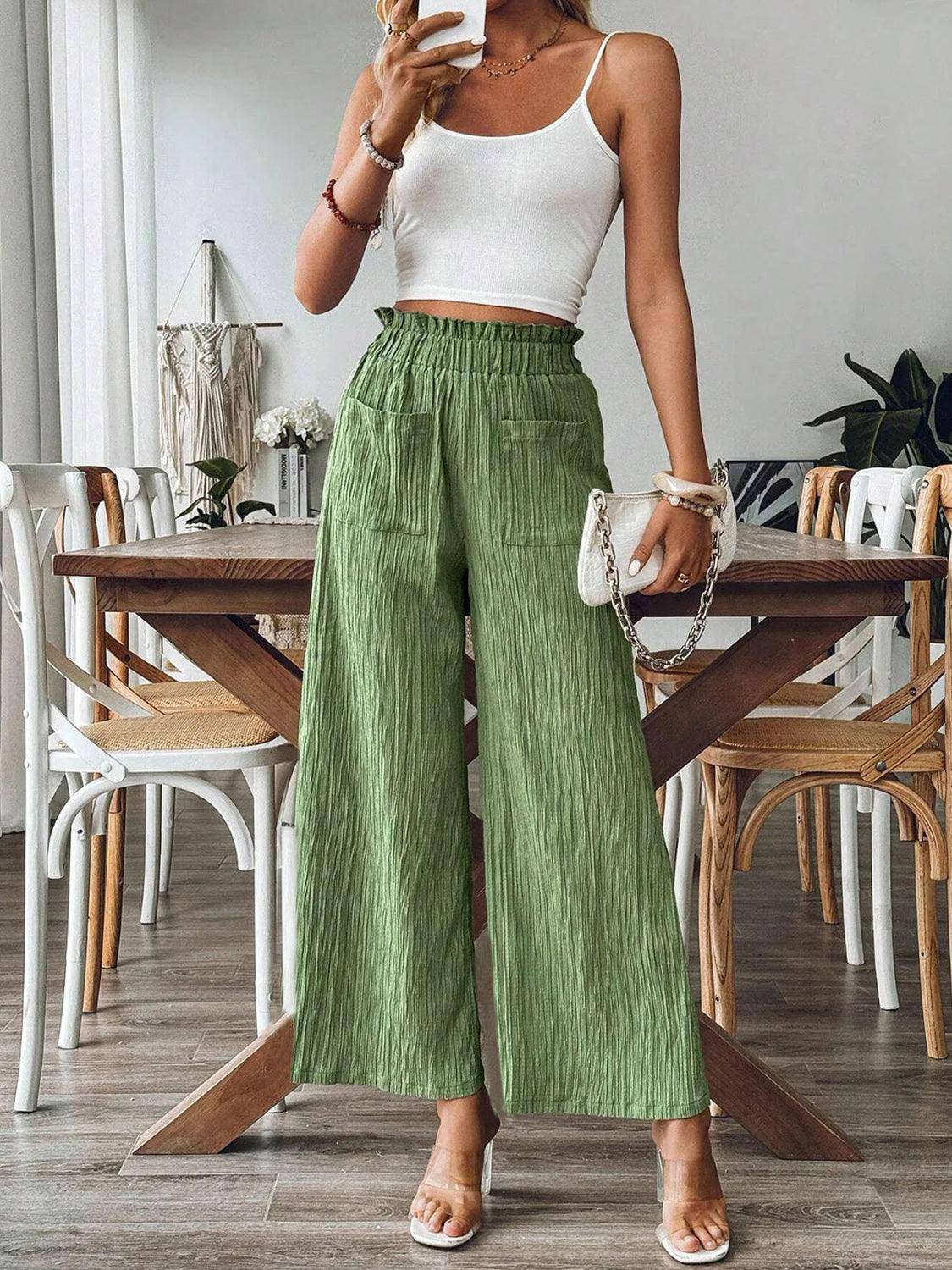 Pocketed Elastic Waist Wide Leg Pants - Dapper Deluxe Fashion