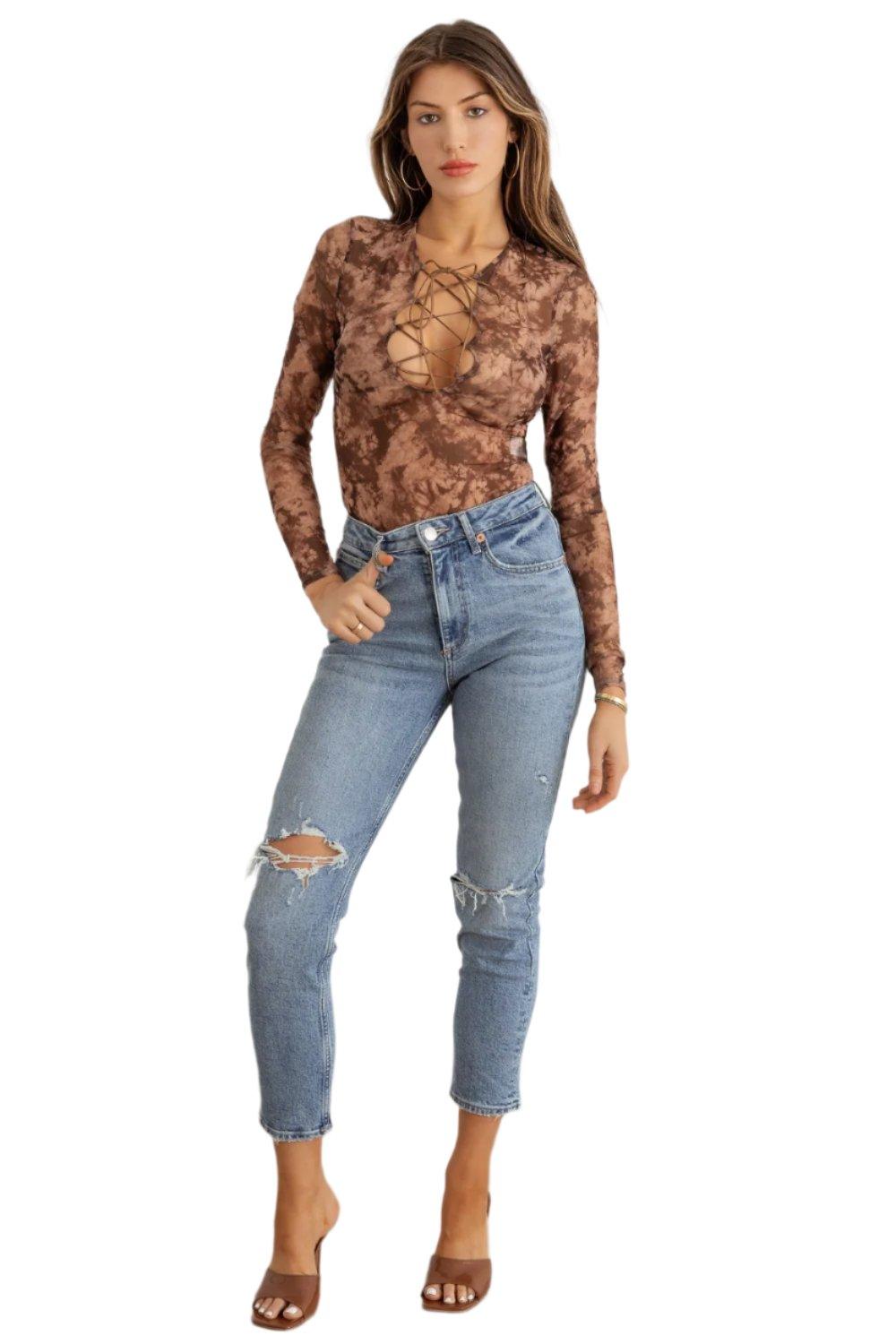 Acid Wash Mesh Lace-Up Long Sleeve Bodysuit - Dapper Deluxe Fashion