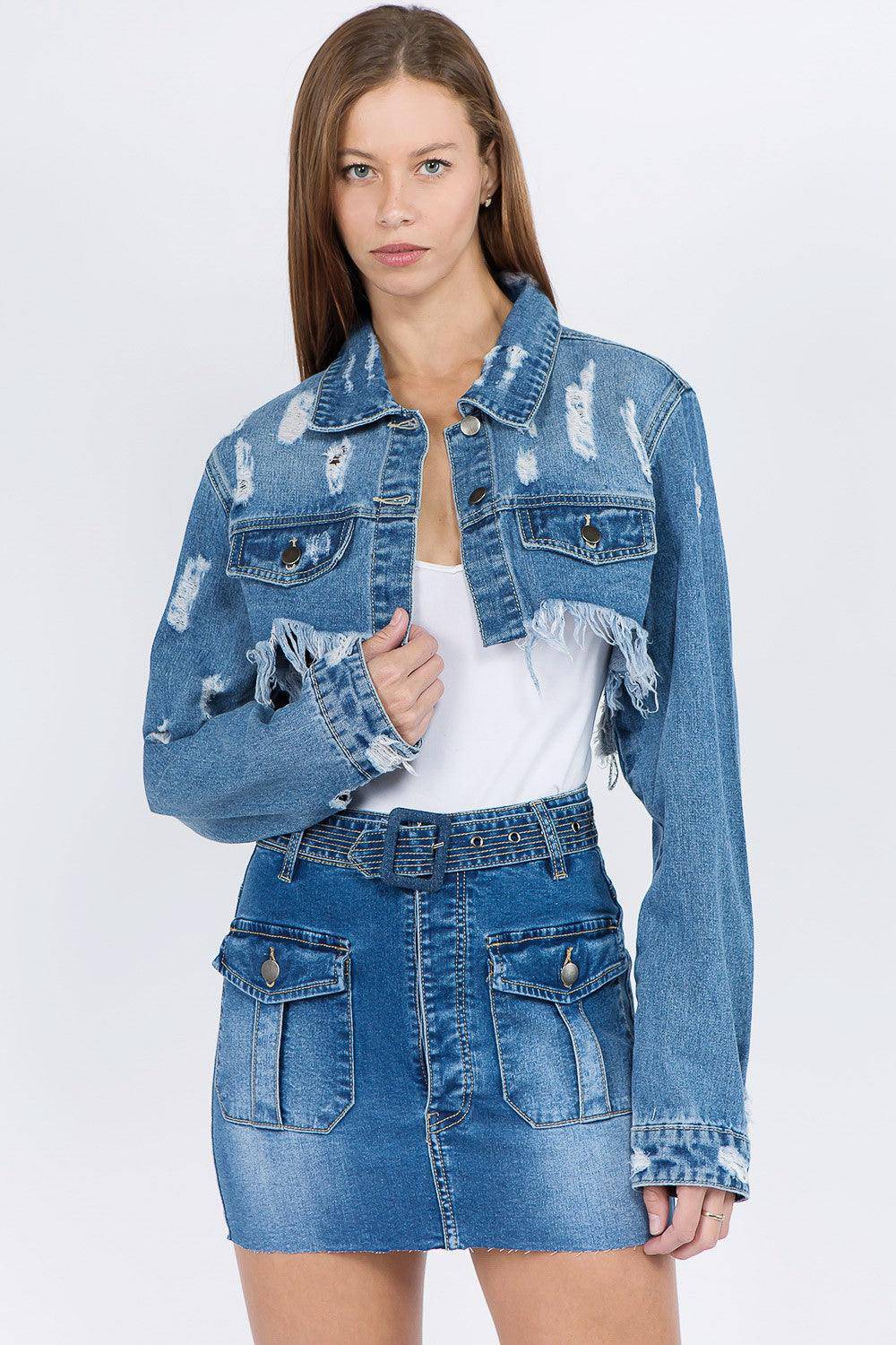 Distressed Denim Frayed Hem Jacket - Dapper Deluxe Fashion