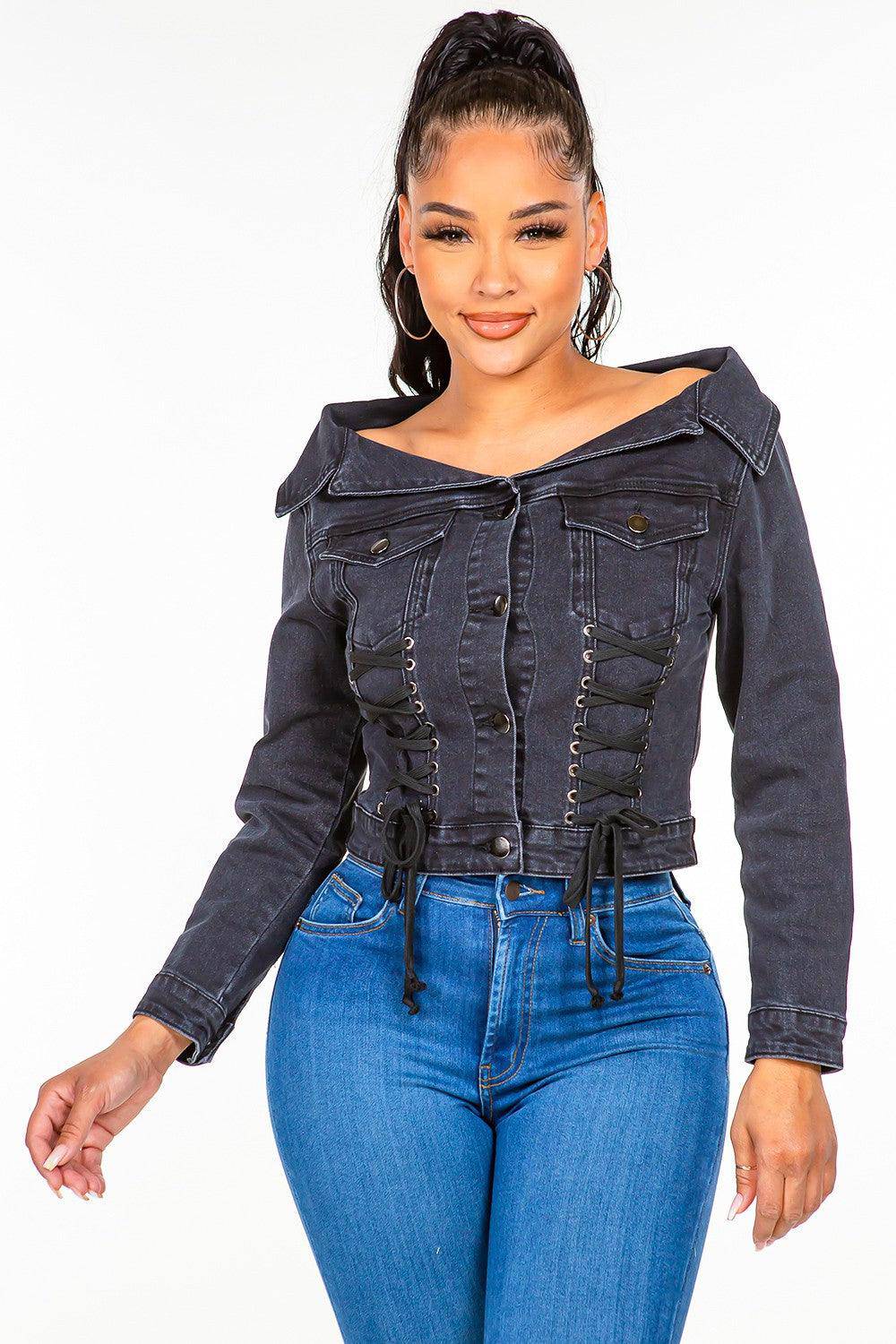 Off Shoulder Lace Up Denim Shacket - Dapper Deluxe Fashion