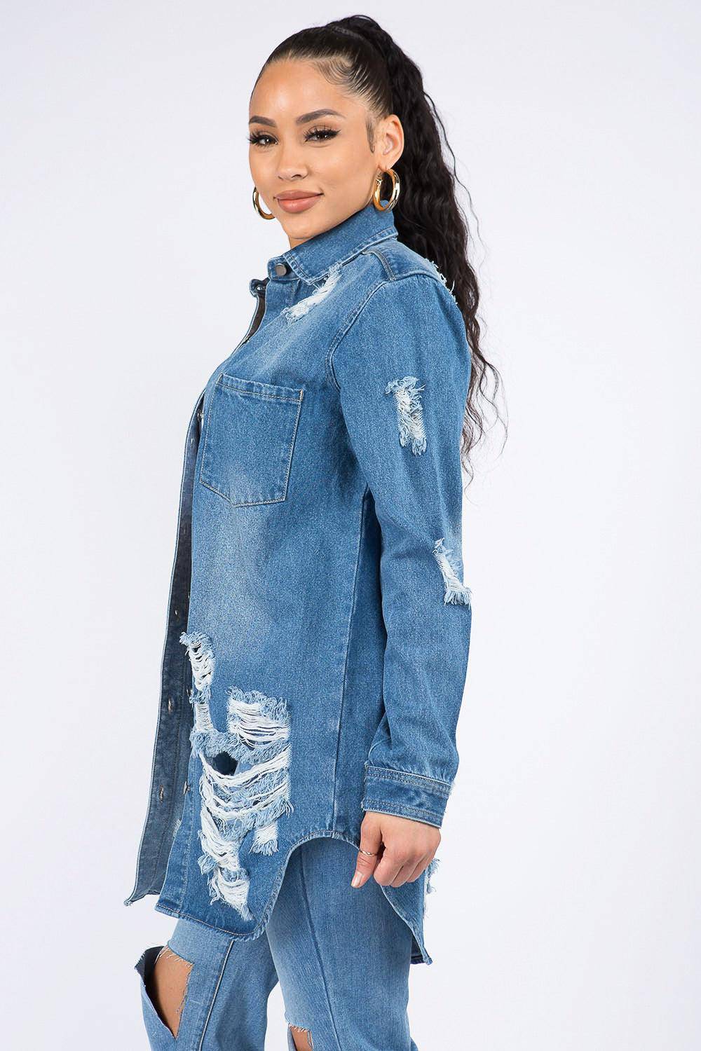 Long Distressed Denim Jacket - Dapper Deluxe Fashion