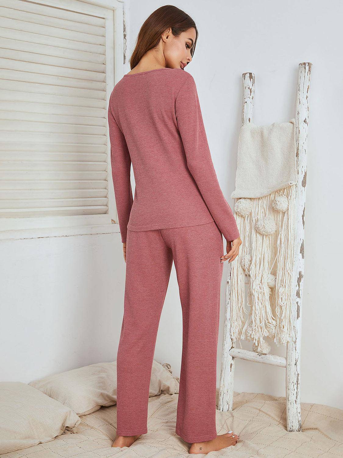 Notched Long Sleeve Top and Pants Set - Dapper Deluxe Fashion