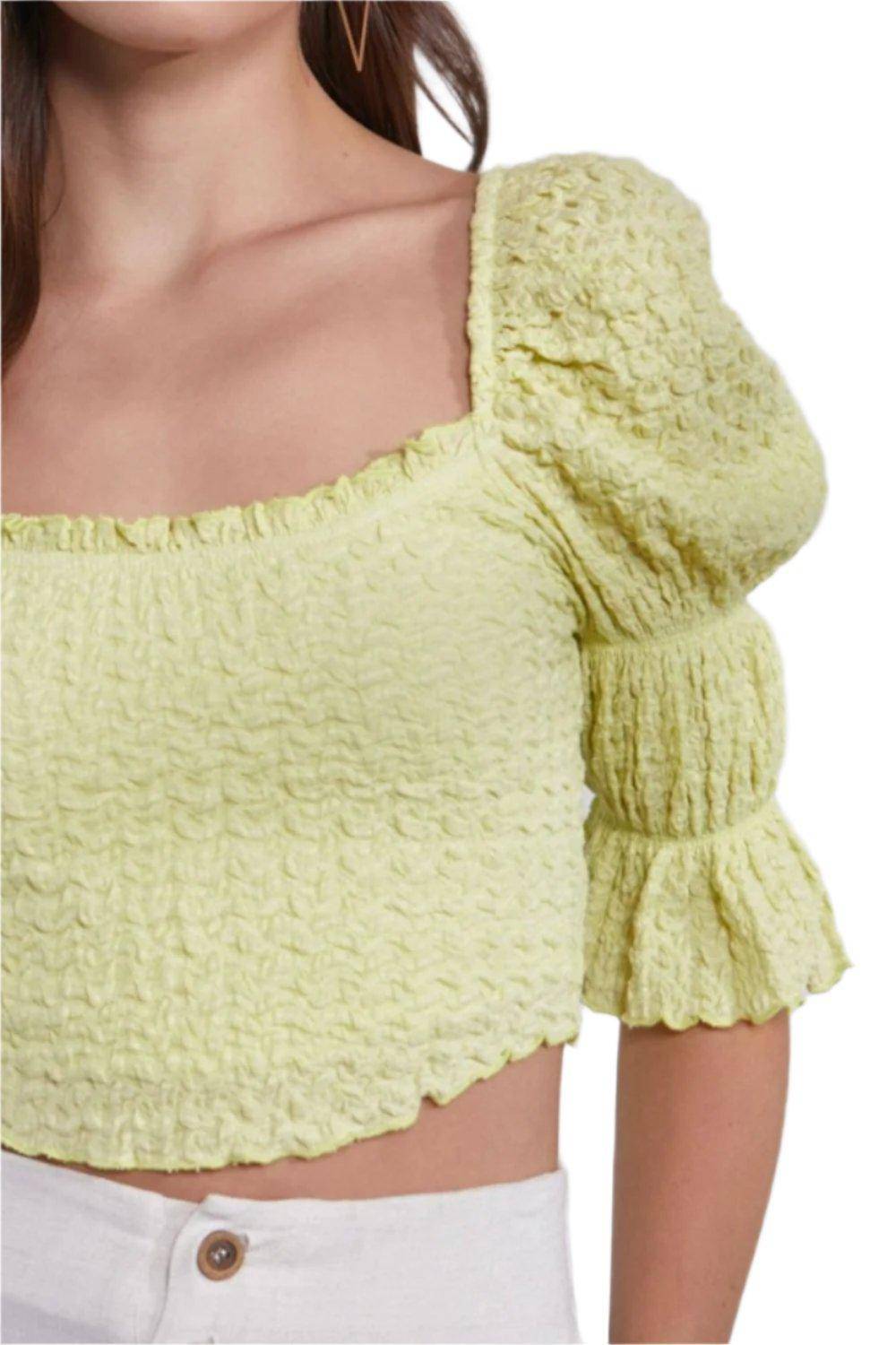 Crinkle Texture Puff Sleeve Crop Top - Dapper Deluxe Fashion