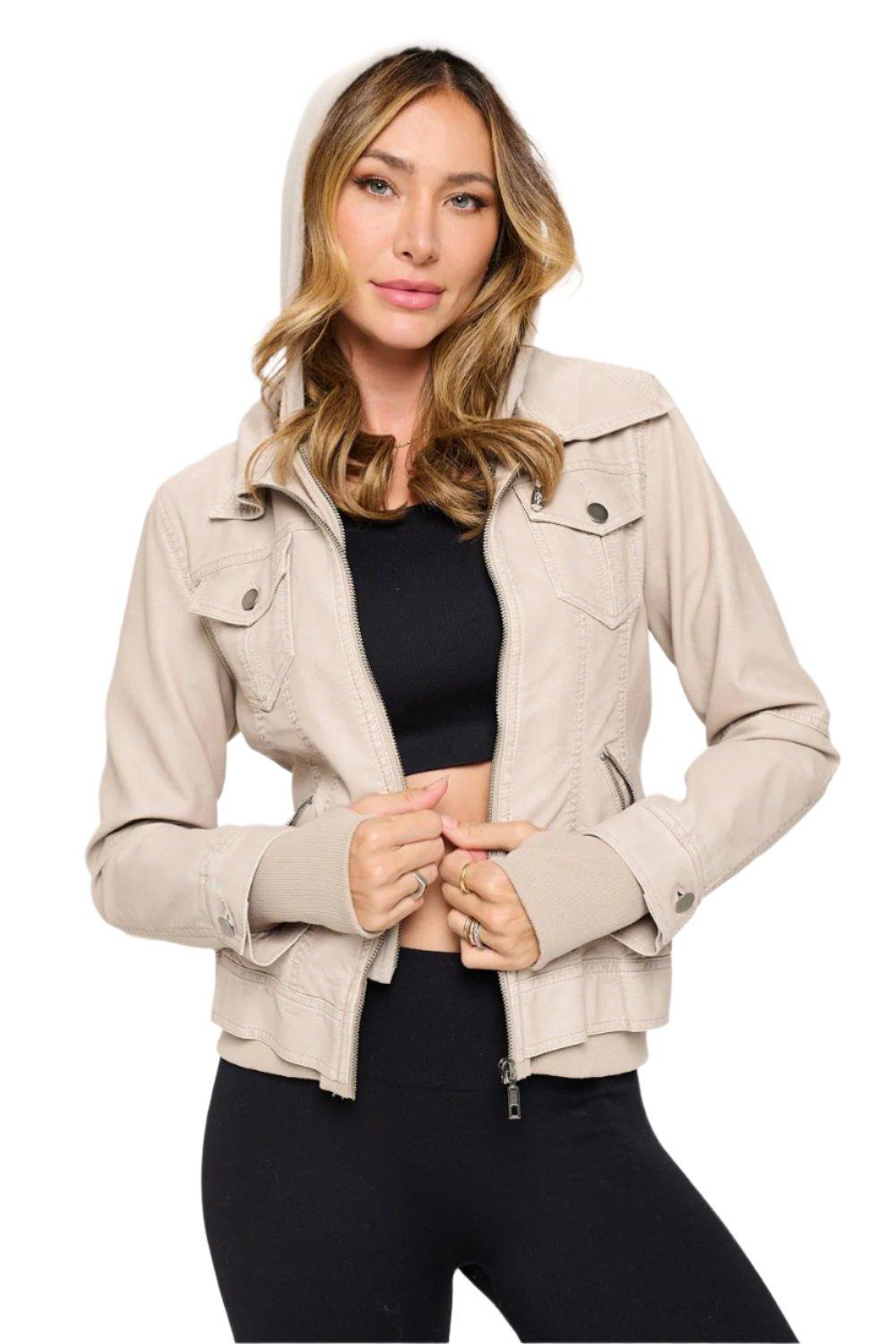 Brit Double Zip Hooded Long Sleeve Jacket in Cream - Dapper Deluxe Fashion