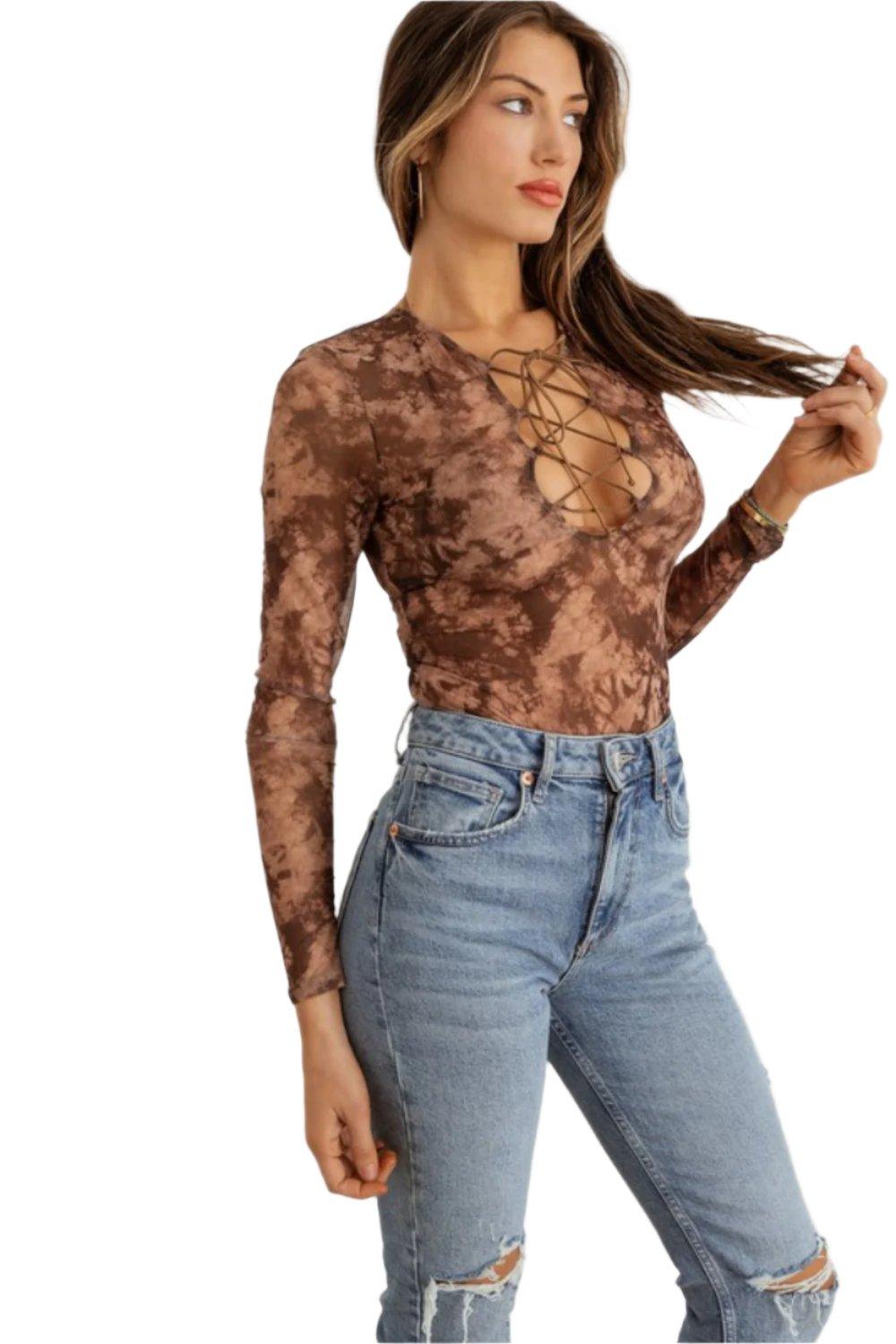 Acid Wash Mesh Lace-Up Long Sleeve Bodysuit - Dapper Deluxe Fashion