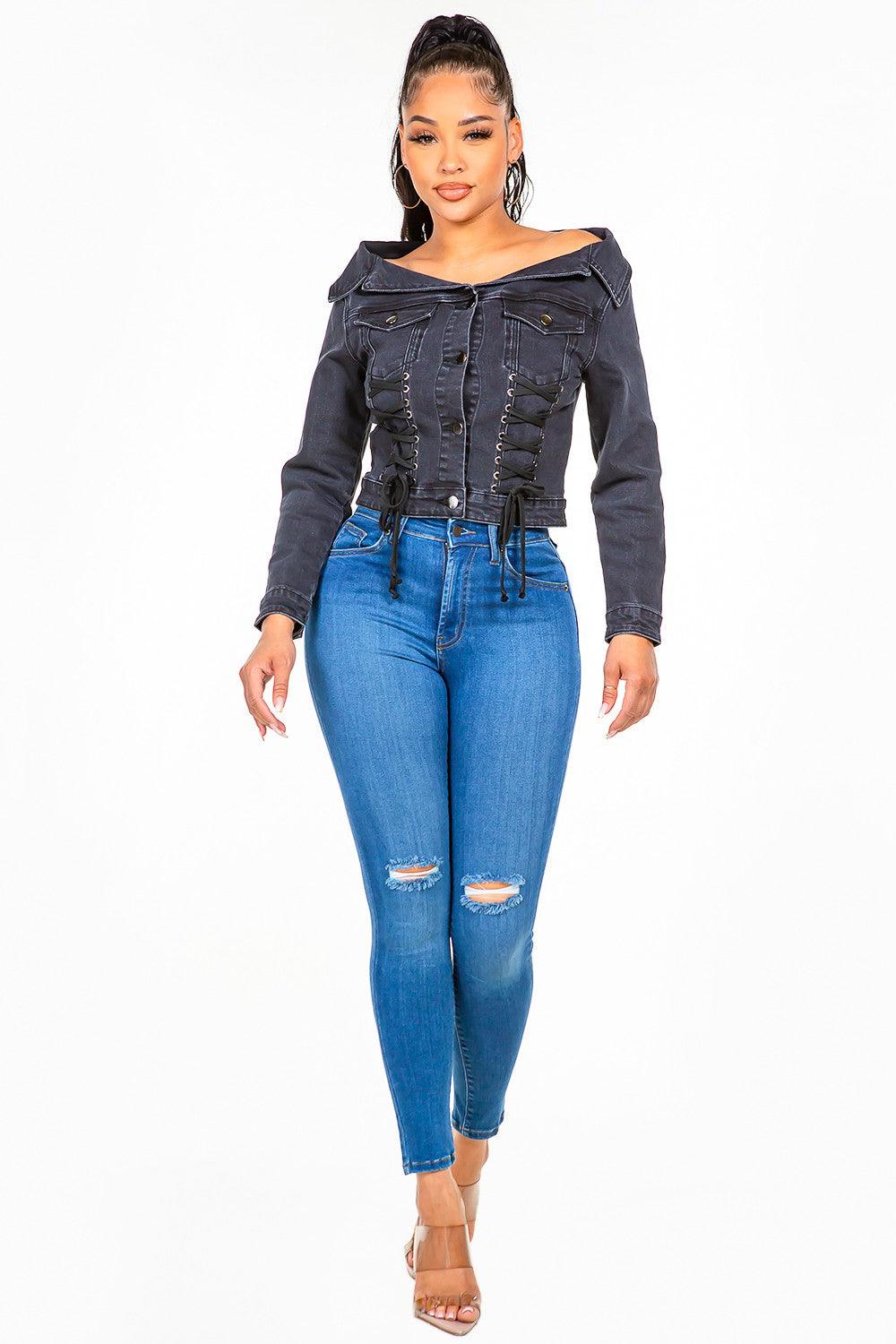 Off Shoulder Lace Up Denim Shacket - Dapper Deluxe Fashion