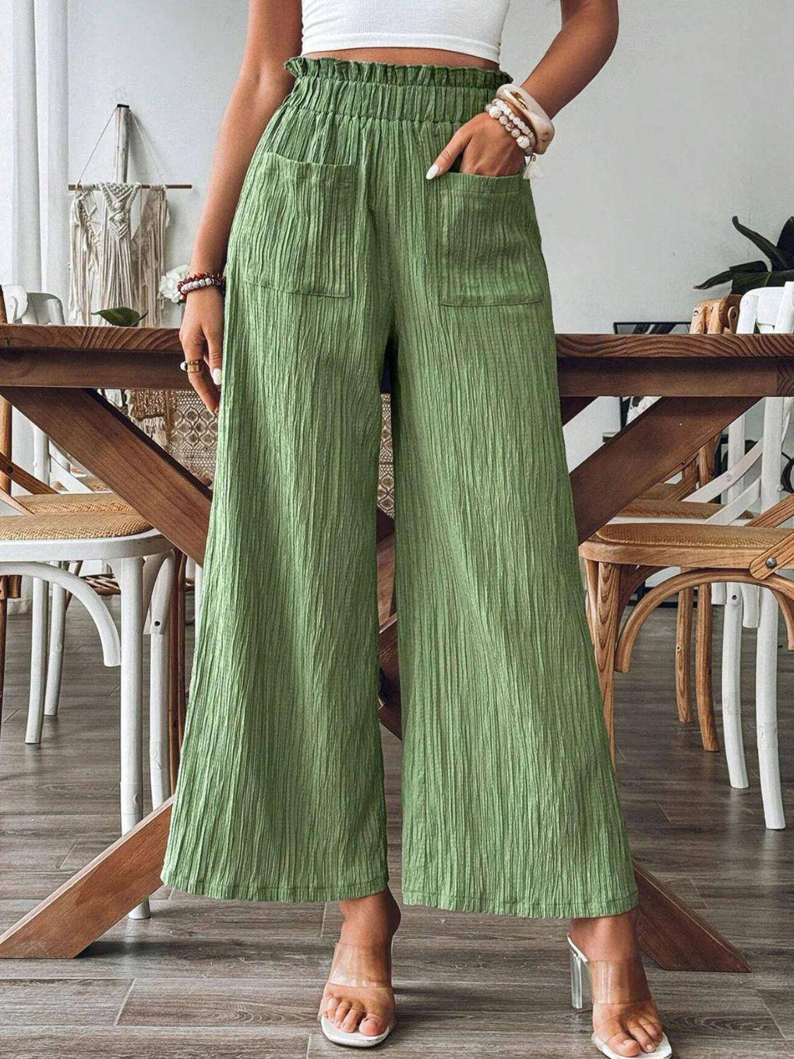 Pocketed Elastic Waist Wide Leg Pants - Dapper Deluxe Fashion