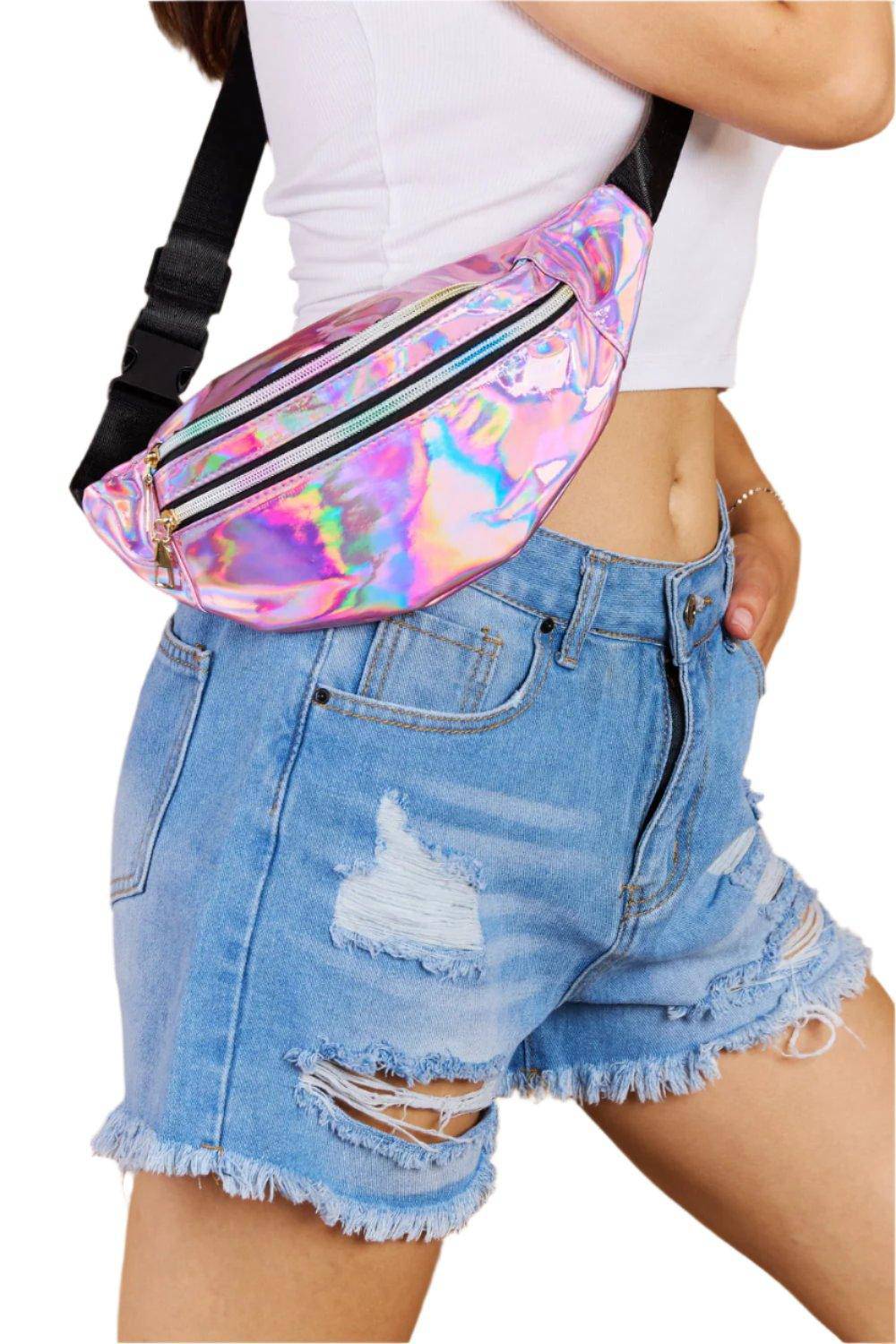 Holographic Double Zipper Fanny Pack in Hot Pink - Dapper Deluxe Fashion