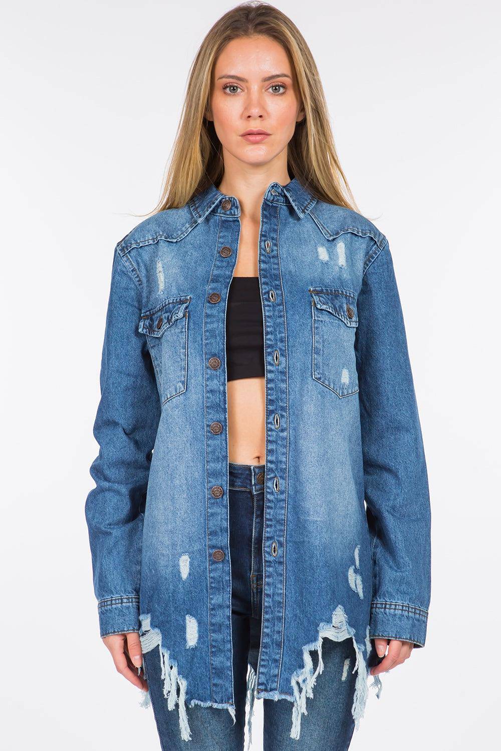 Distressed Frayed Hem Denim Jacket - Dapper Deluxe Fashion