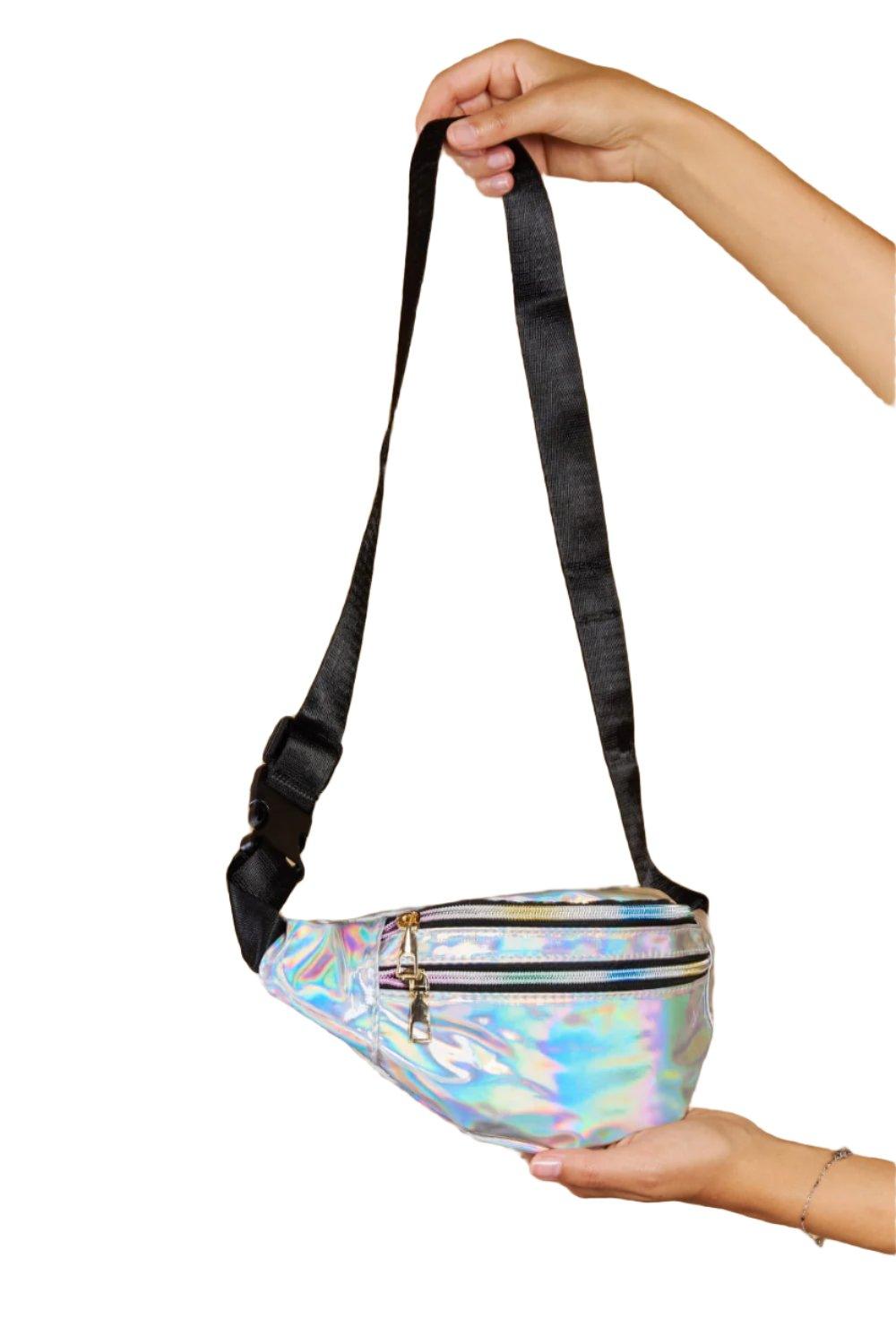 Holographic Double Zipper Fanny Pack in Silver - Dapper Deluxe Fashion