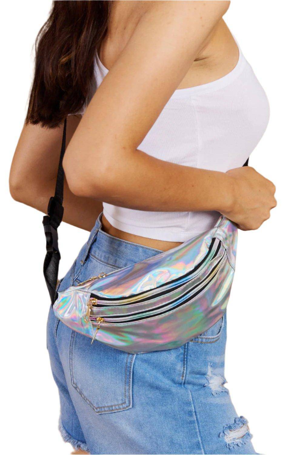 Holographic Double Zipper Fanny Pack in Silver - Dapper Deluxe Fashion