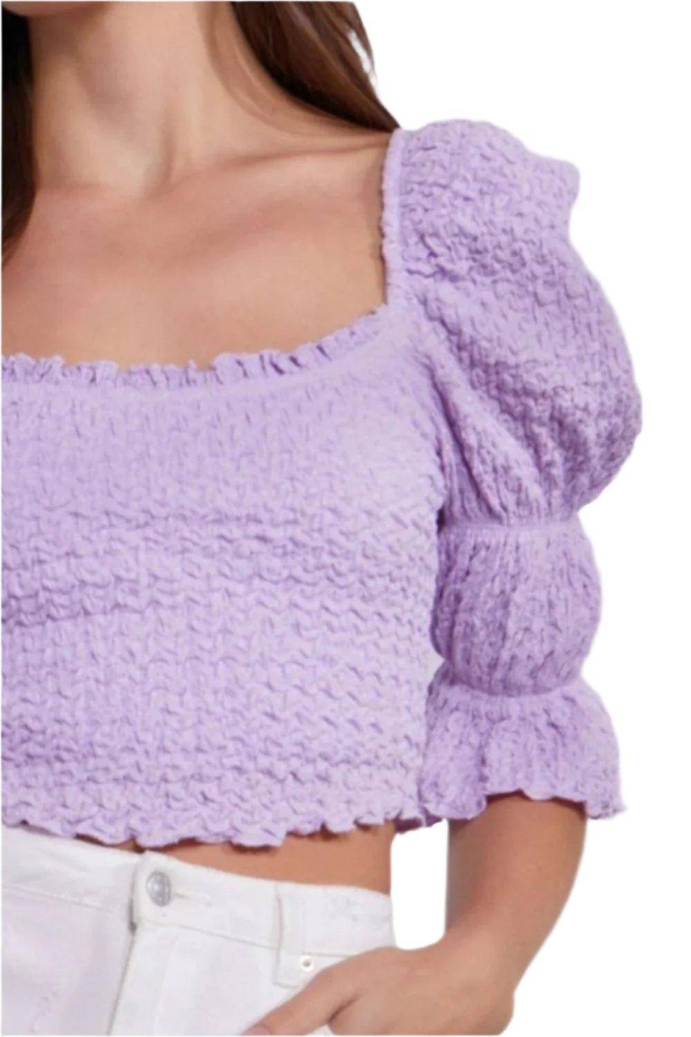 Crinkle Texture Puff Sleeve Crop Top - Dapper Deluxe Fashion