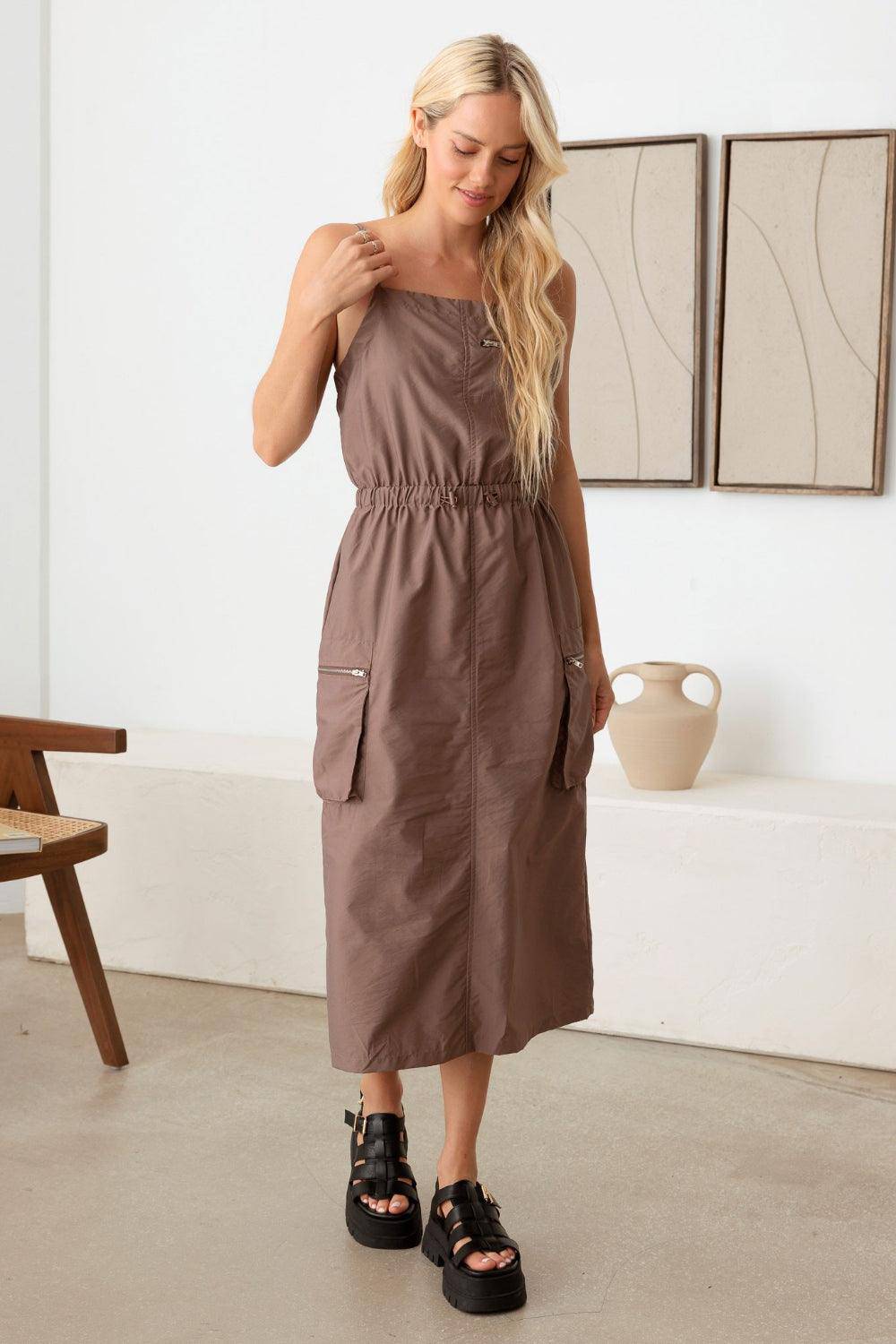 Le Lis Adjustable Strap Waist Drawstring Cargo Midi Dress - Dapper Deluxe Fashion