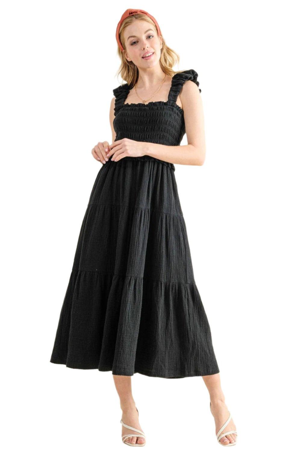 Countess Smocked Ruffled Tiered Dress-Noir - Dapper Deluxe Fashion