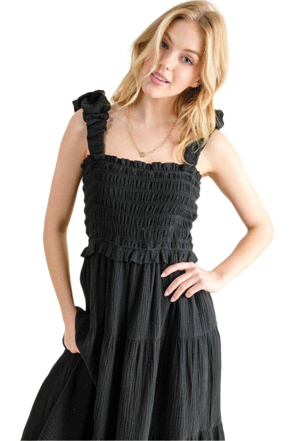 Countess Smocked Ruffled Tiered Dress-Noir - Dapper Deluxe Fashion