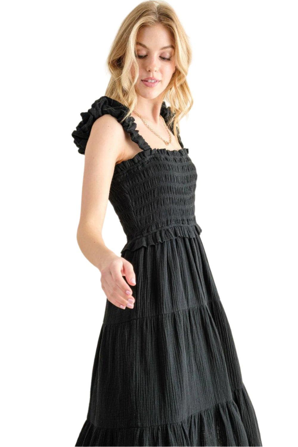 Countess Smocked Ruffled Tiered Dress-Noir - Dapper Deluxe Fashion