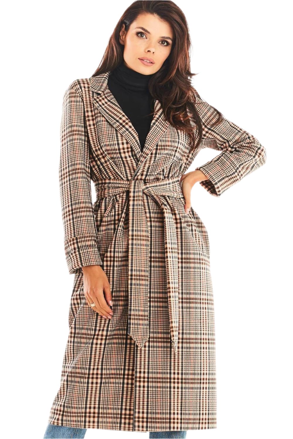 Women's Plaid Trench Coat-Brown