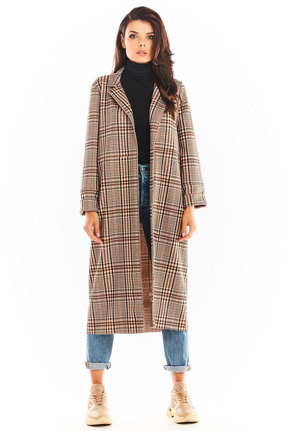 Women's Plaid Trench Coat-Brown