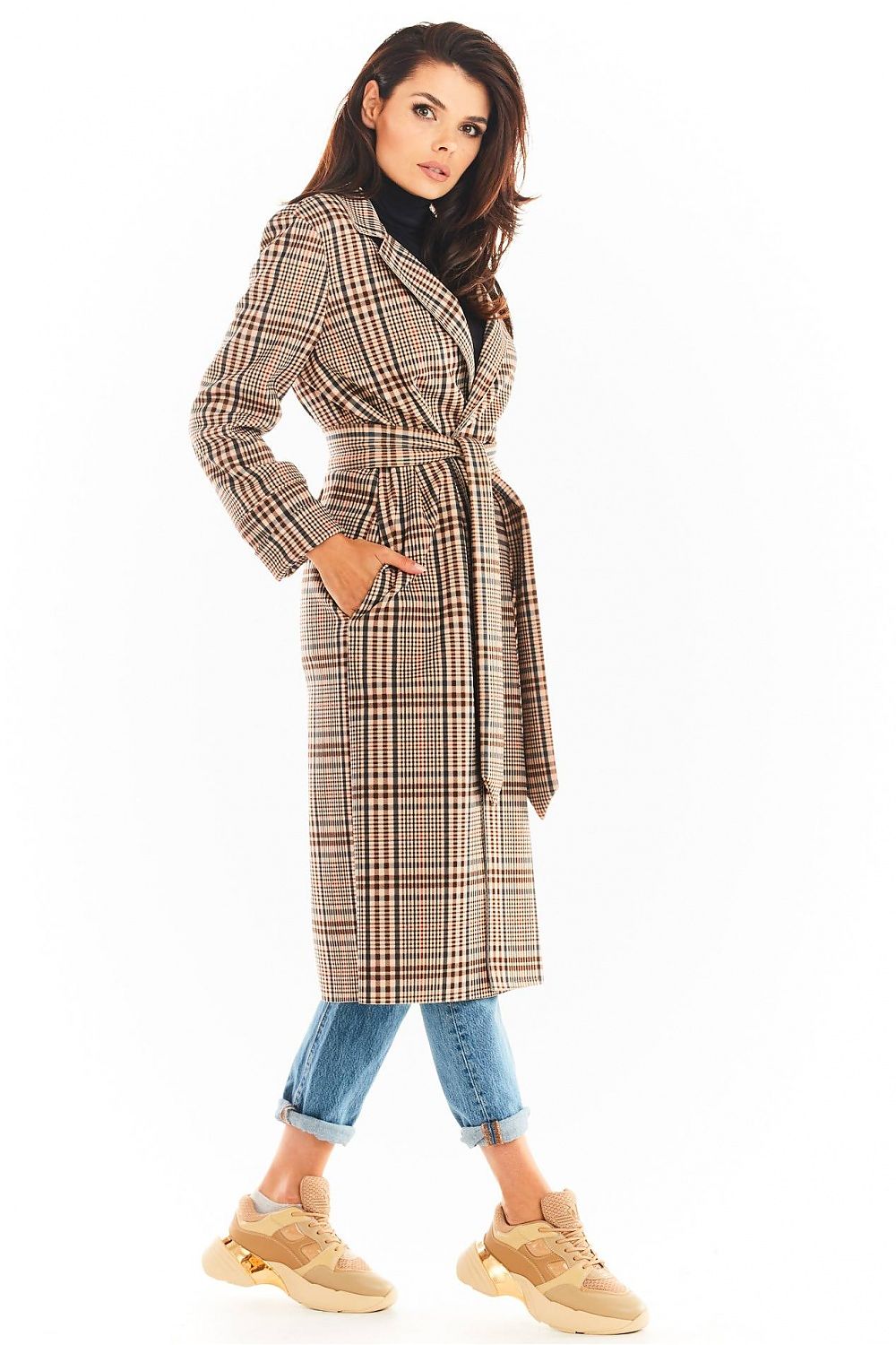 Women's Plaid Trench Coat-Brown