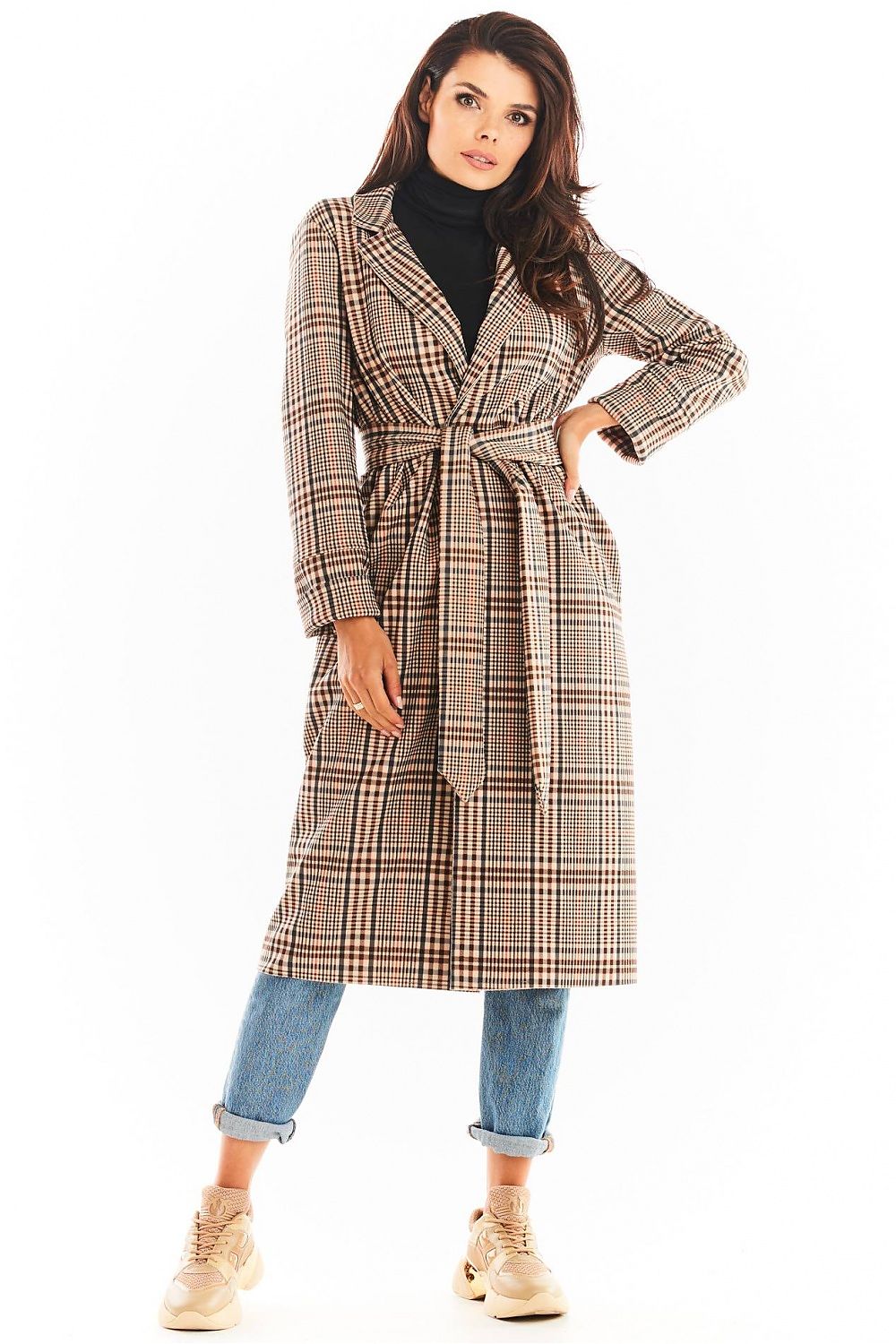 Women's Plaid Trench Coat-Brown