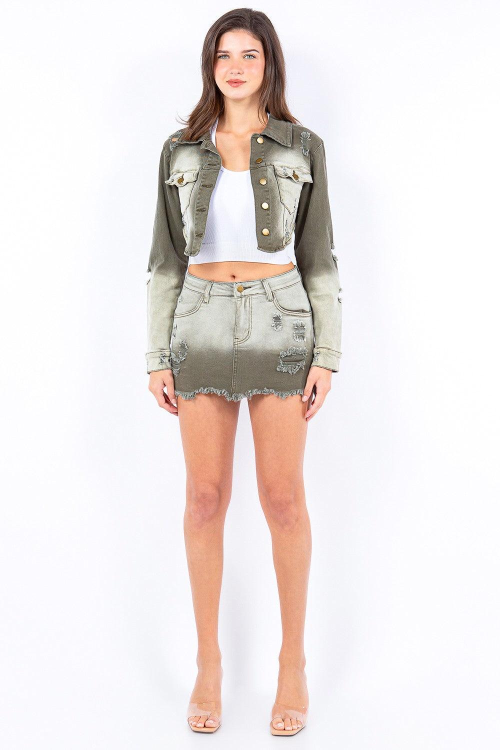 Distressed Ombre Washed Cropped Denim Jacket - Dapper Deluxe Fashion