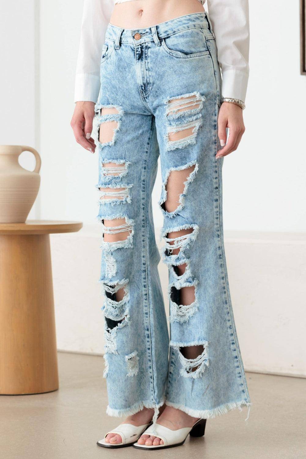 Litz La Distressed Frayed Hem Flare Jeans - Dapper Deluxe Fashion