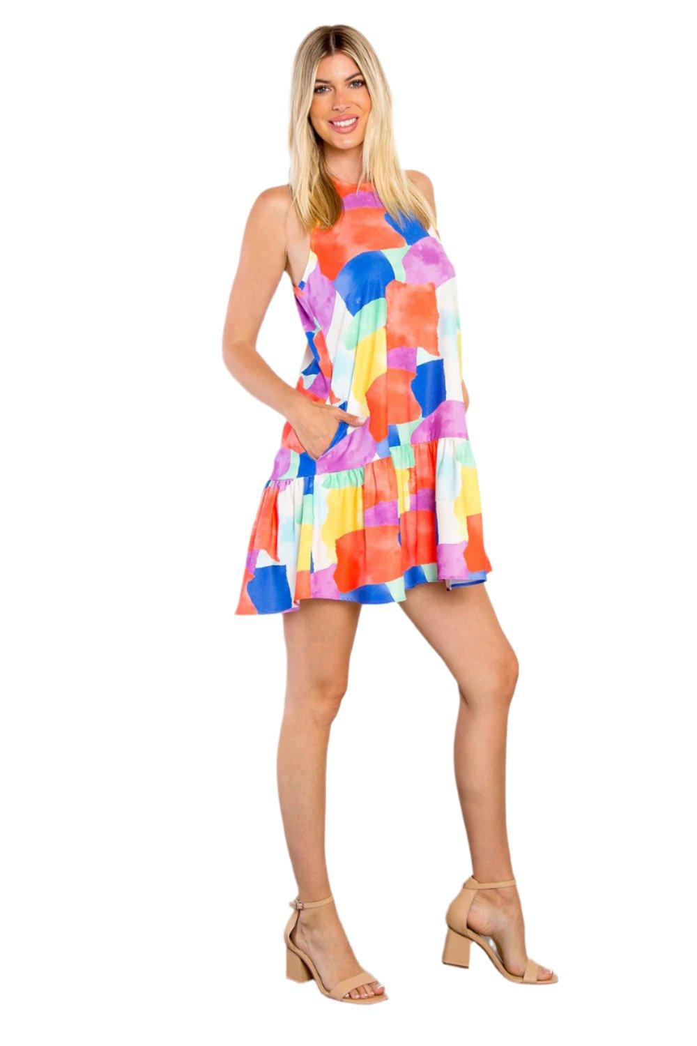 Be Stage Abstract Print Ruffle Hem Mini Dress with Pockets - Dapper Deluxe Fashion