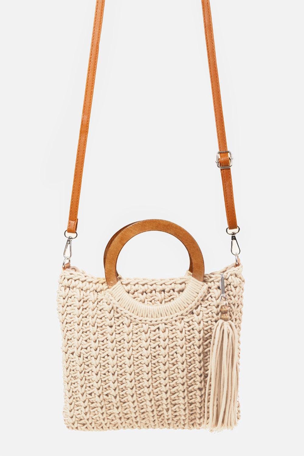 Crochet Knit Convertible Tote Bag with Tassel - Dapper Deluxe Fashion