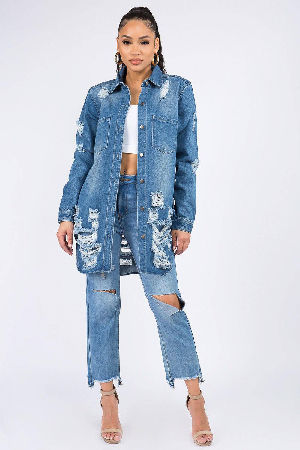 Long Distressed Denim Jacket - Dapper Deluxe Fashion