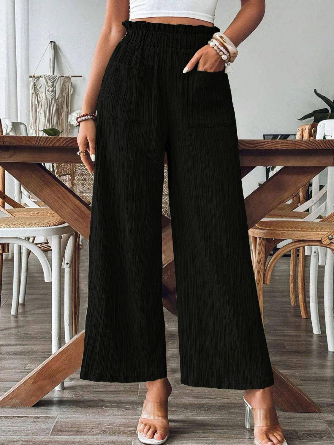 Pocketed Elastic Waist Wide Leg Pants - Dapper Deluxe Fashion