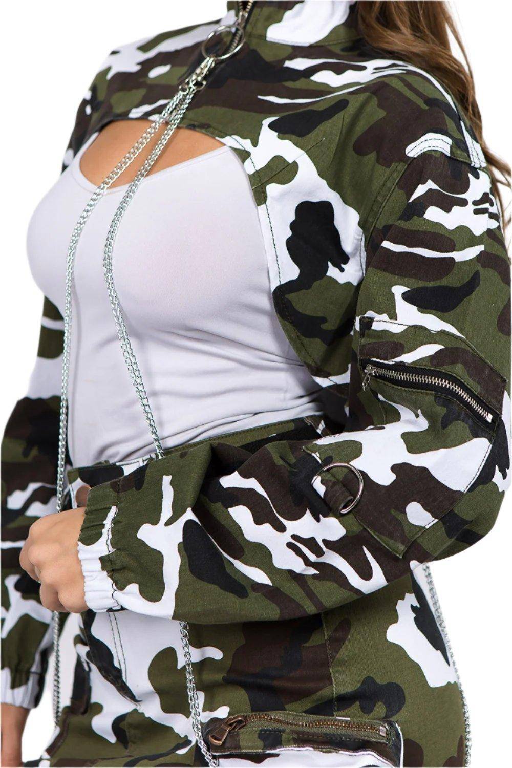 Green Camouflage Cropped Jacket with Chains - Dapper Deluxe Fashion