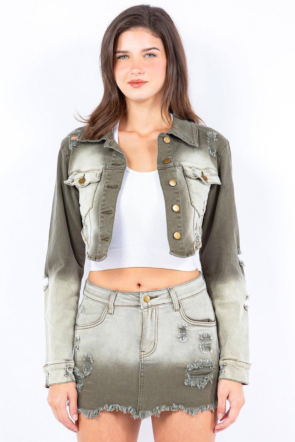 Distressed Ombre Washed Cropped Denim Jacket - Dapper Deluxe Fashion