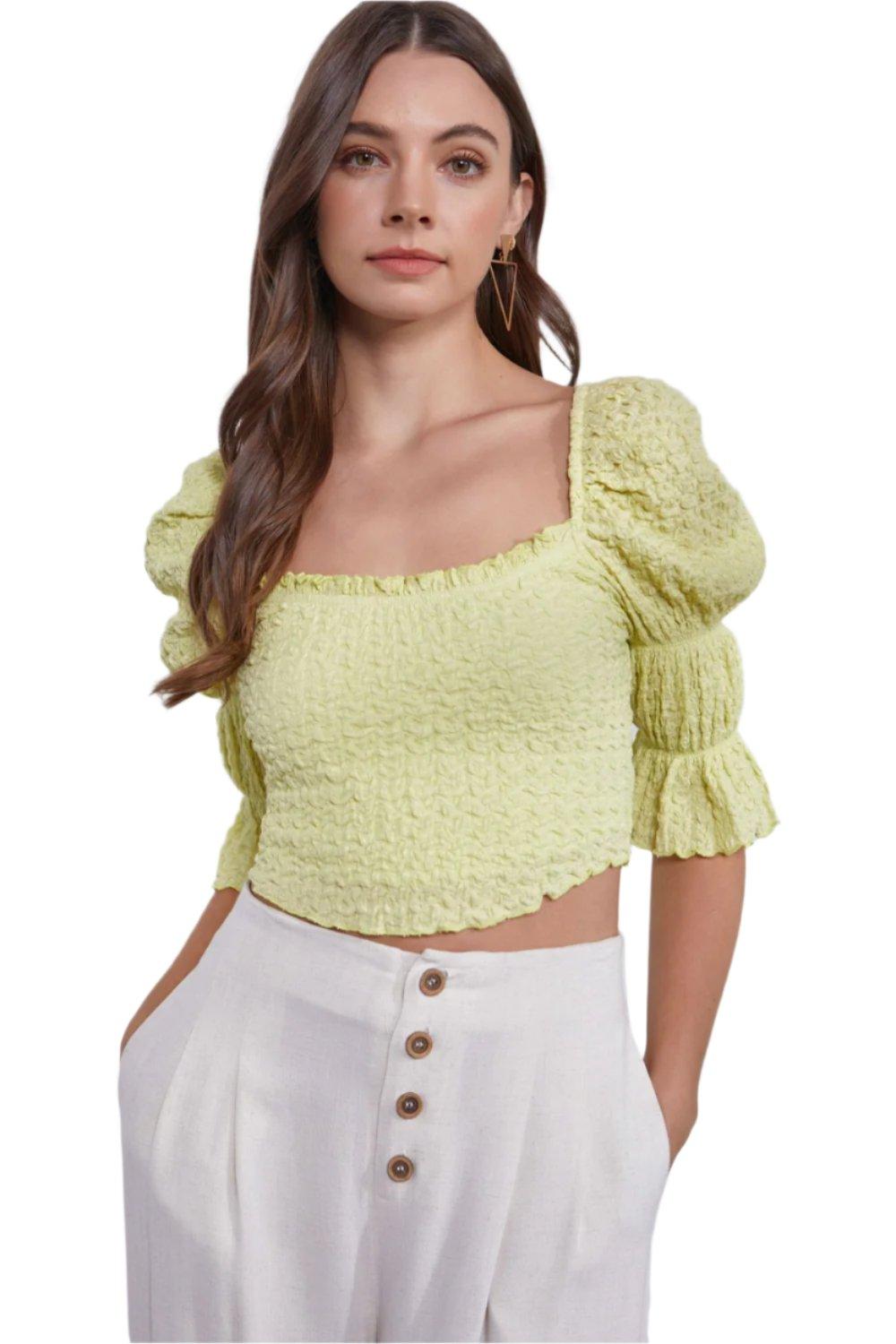 Crinkle Texture Puff Sleeve Crop Top - Dapper Deluxe Fashion