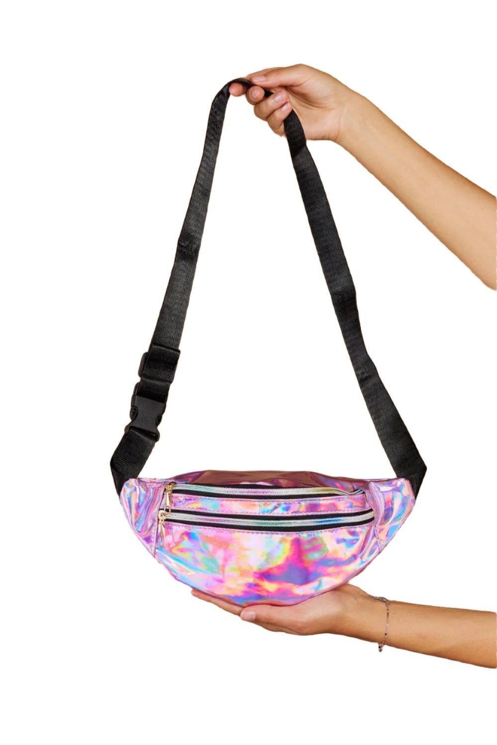 Holographic Double Zipper Fanny Pack in Hot Pink - Dapper Deluxe Fashion