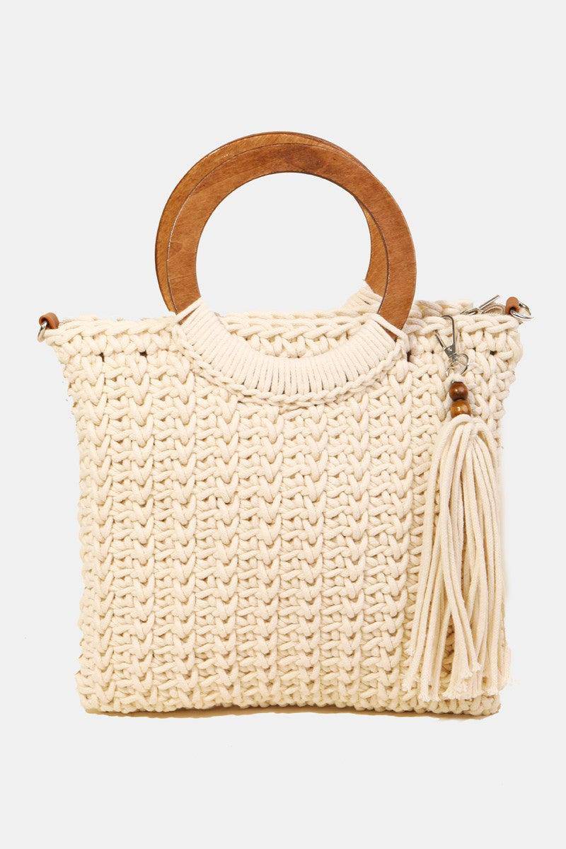 Crochet Knit Convertible Tote Bag with Tassel - Dapper Deluxe Fashion